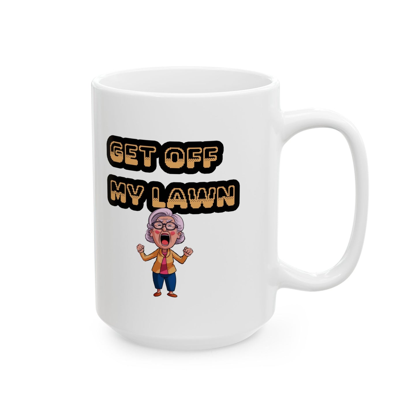 Funny Senior Coffee Mug ‘Get Off My Lawn’ – Sarcastic Senior Merch, Dark Humor Coffee Cup, Perfect Retirement Gift for Seniors, Grandparents, and Aging Legends
