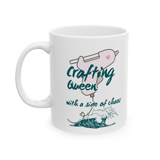 Funny Senior Coffee Mug ‘Crafting Queen, with a Side of Chaos’ – Sarcastic Senior Merch, Dark Humor Cup, Perfect Retirement Gift for Seniors, Grandparents, and Aging Legends