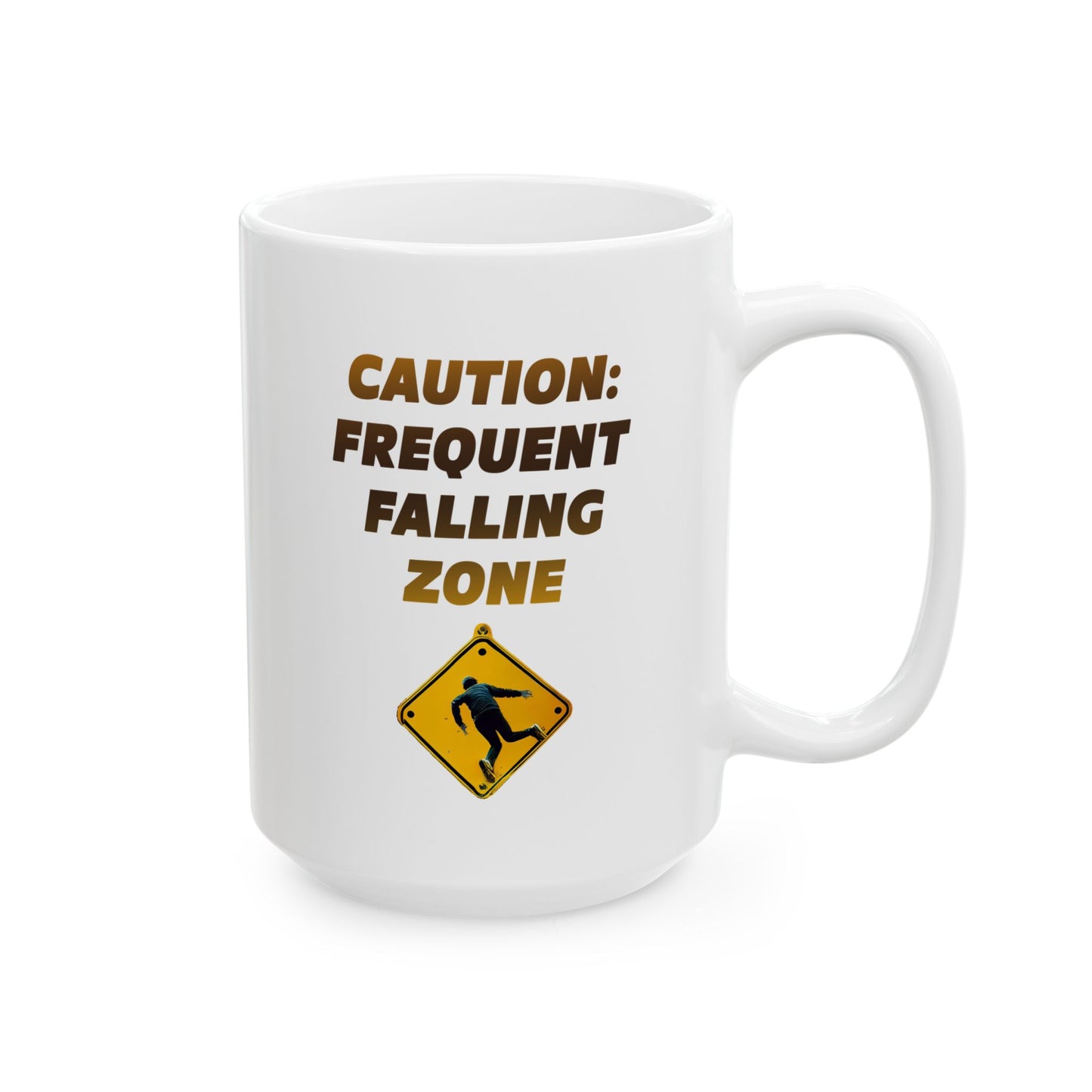 Funny Senior Coffee Mug ‘Caution: Frequent Falling Zone’ – Sarcastic Senior Merch, Dark Humor Coffee Cup, Perfect Retirement Gift for Seniors, Grandparents, and Aging Legends