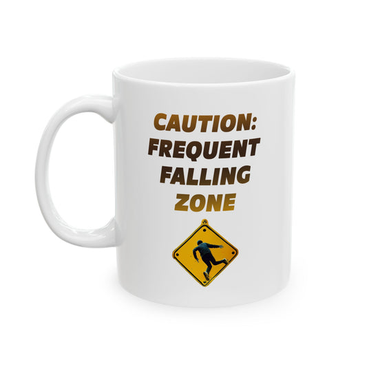 Funny Senior Coffee Mug ‘Caution: Frequent Falling Zone’ – Sarcastic Senior Merch, Dark Humor Coffee Cup, Perfect Retirement Gift for Seniors, Grandparents, and Aging Legends