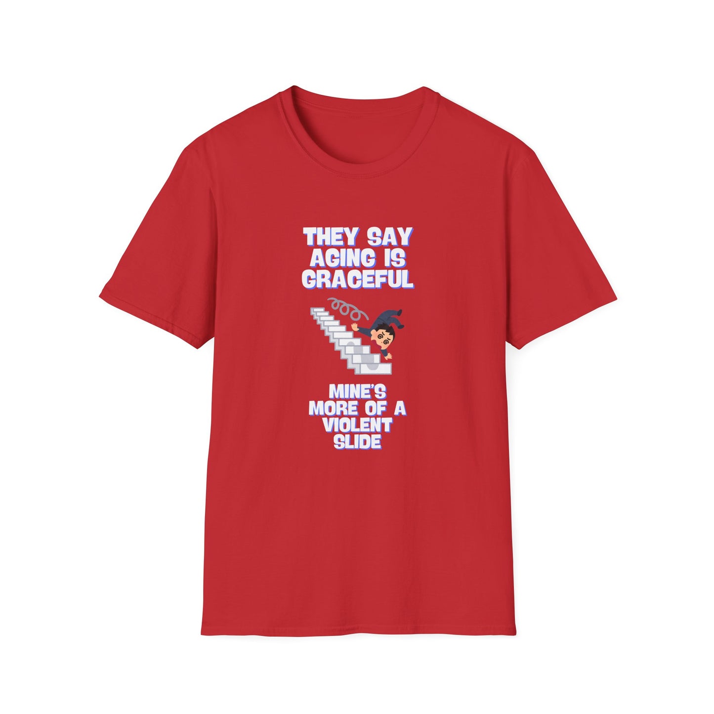 Funny Senior Tee – “They Say Aging Is Graceful, Mine’s More of a Violent Slide” – Sarcastic Senior Merch, Dark Humor Shirt & Funny Aging T-Shirt, Perfect Retirement Gift