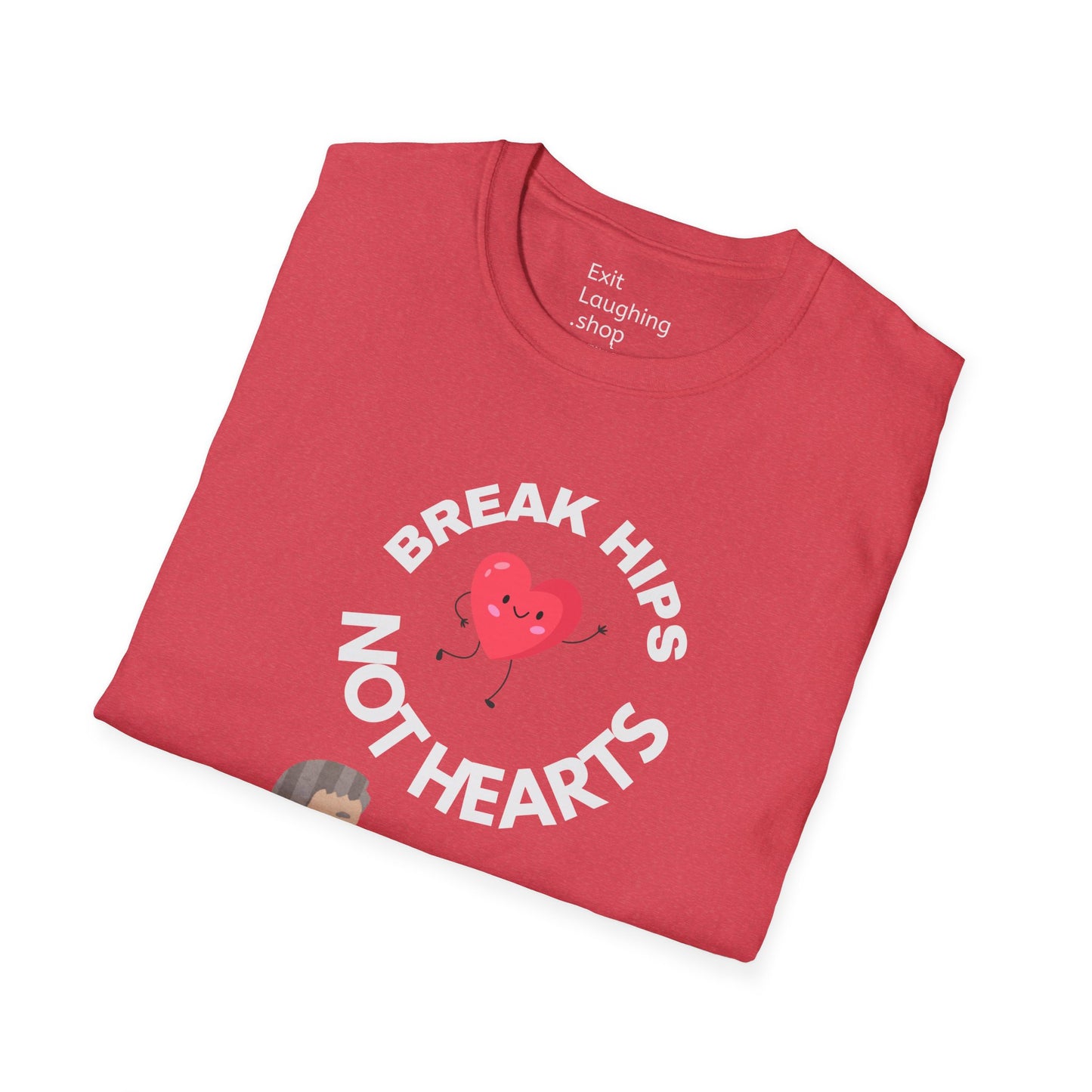 Funny Senior Tee – “Break Hips, Not Hearts” – Sarcastic Senior Merch, Dark Humor Shirt & Funny Aging T-Shirt, Perfect Retirement Gift for Seniors and Aging Romantics