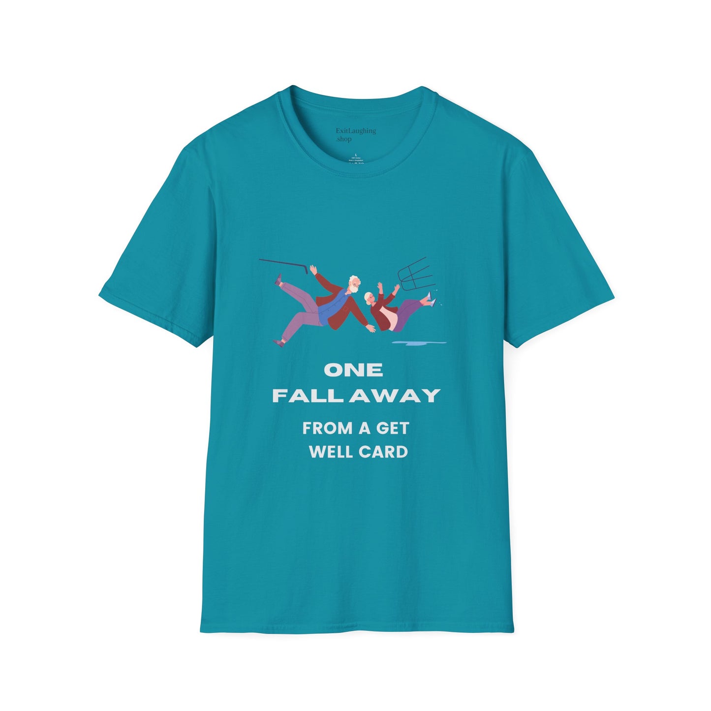 Funny Senior Tee – “One Fall Away from a Get Well Soon Card” – Sarcastic Senior Merch, Dark Humor Shirt & Funny Aging T-Shirt, Perfect Retirement Gift