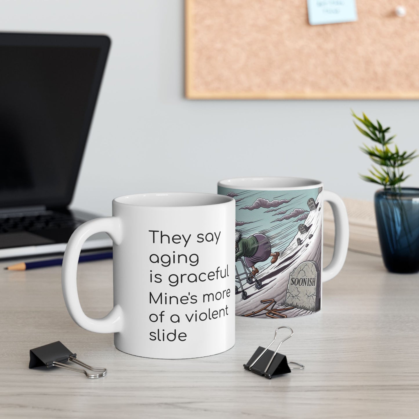 Funny Senior Coffee Mug ‘They Say Aging Is Graceful...Mine’s More Of A Violent Slide’ – Sarcastic Senior Merch, Dark Humor Coffee Cup, Perfect Retirement Gift for Seniors, Grandparents, and Aging Legends