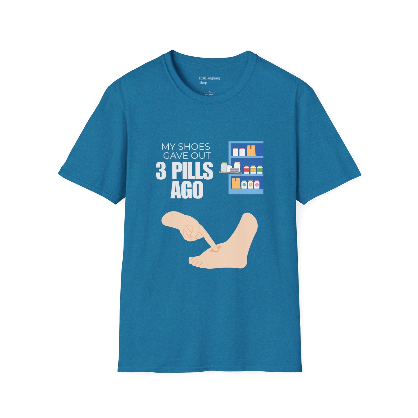 Funny Senior Tee – “My Shoes Gave Out 3 Pills Ago” – Sarcastic Retirement Gift for Seniors, Dark Humor Shirt for Aging Bodies, Swollen Feet & Pill Humor Legends