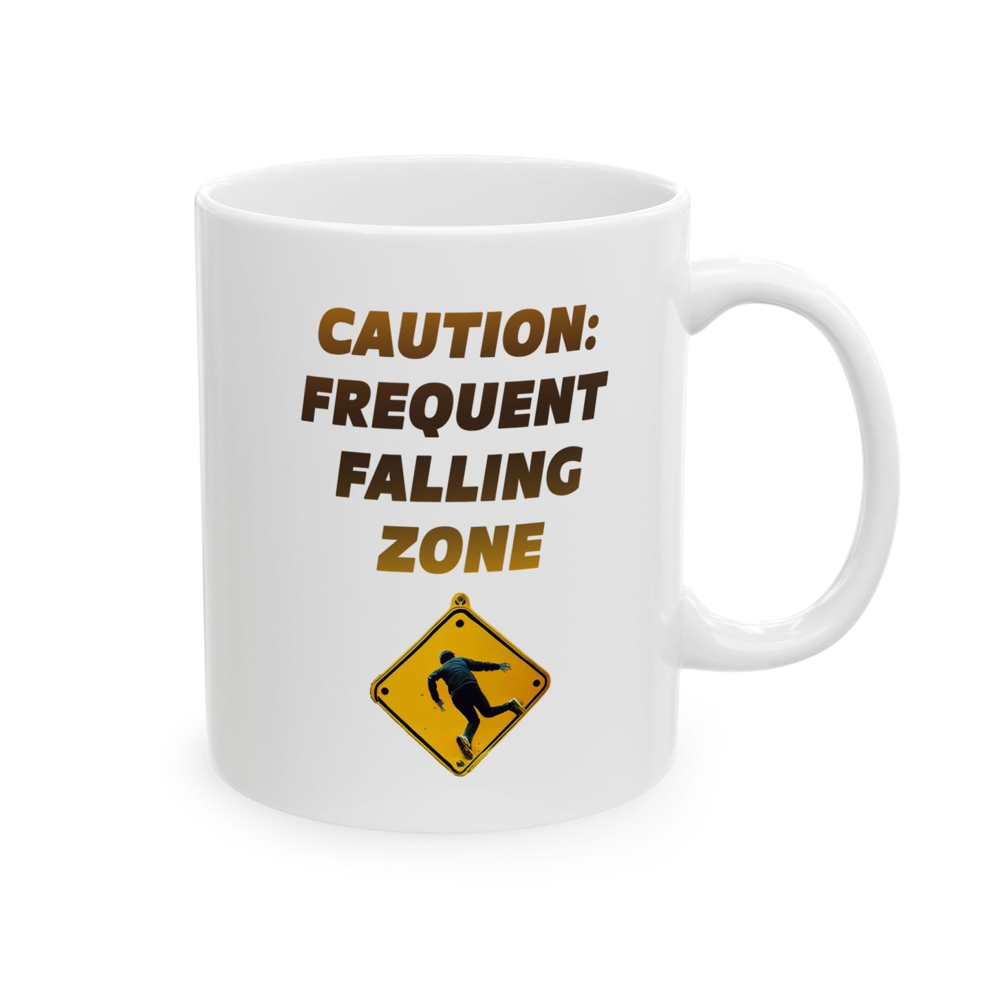Funny Senior Coffee Mug ‘Caution: Frequent Falling Zone’ – Sarcastic Senior Merch, Dark Humor Coffee Cup, Perfect Retirement Gift for Seniors, Grandparents, and Aging Legends