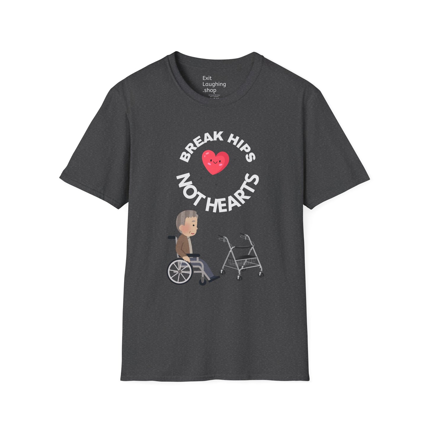 Funny Senior Tee – “Break Hips, Not Hearts” – Sarcastic Senior Merch, Dark Humor Shirt & Funny Aging T-Shirt, Perfect Retirement Gift for Seniors and Aging Romantics