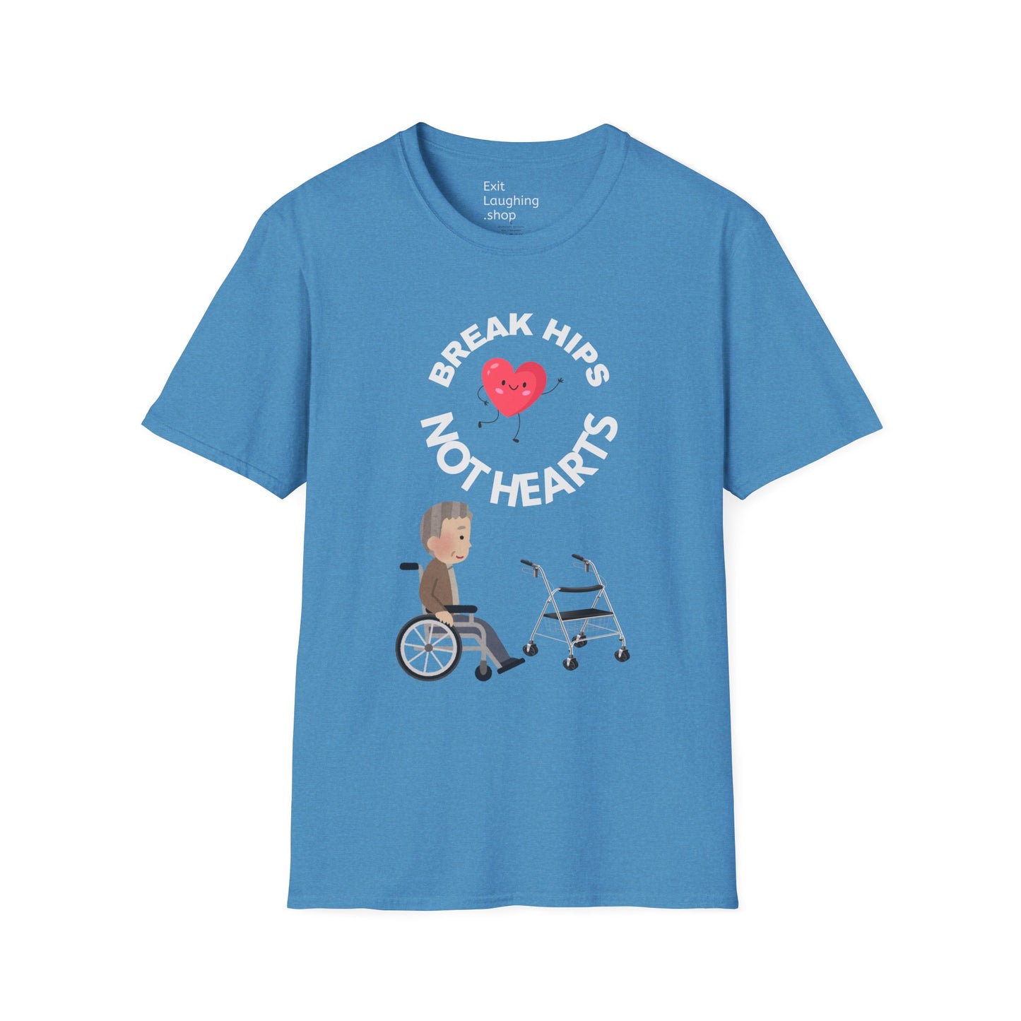 Funny Senior Tee – “Break Hips, Not Hearts” – Sarcastic Senior Merch, Dark Humor Shirt & Funny Aging T-Shirt, Perfect Retirement Gift for Seniors and Aging Romantics