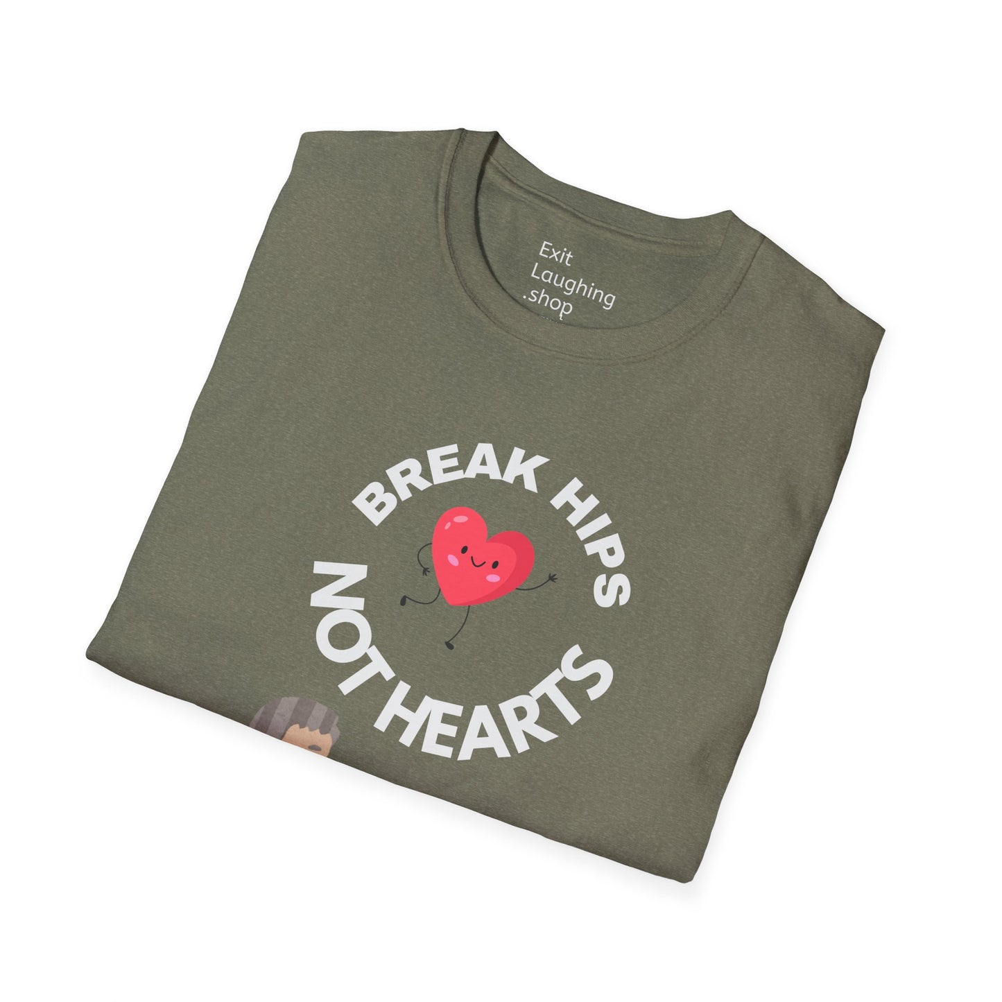 Funny Senior Tee – “Break Hips, Not Hearts” – Sarcastic Senior Merch, Dark Humor Shirt & Funny Aging T-Shirt, Perfect Retirement Gift for Seniors and Aging Romantics