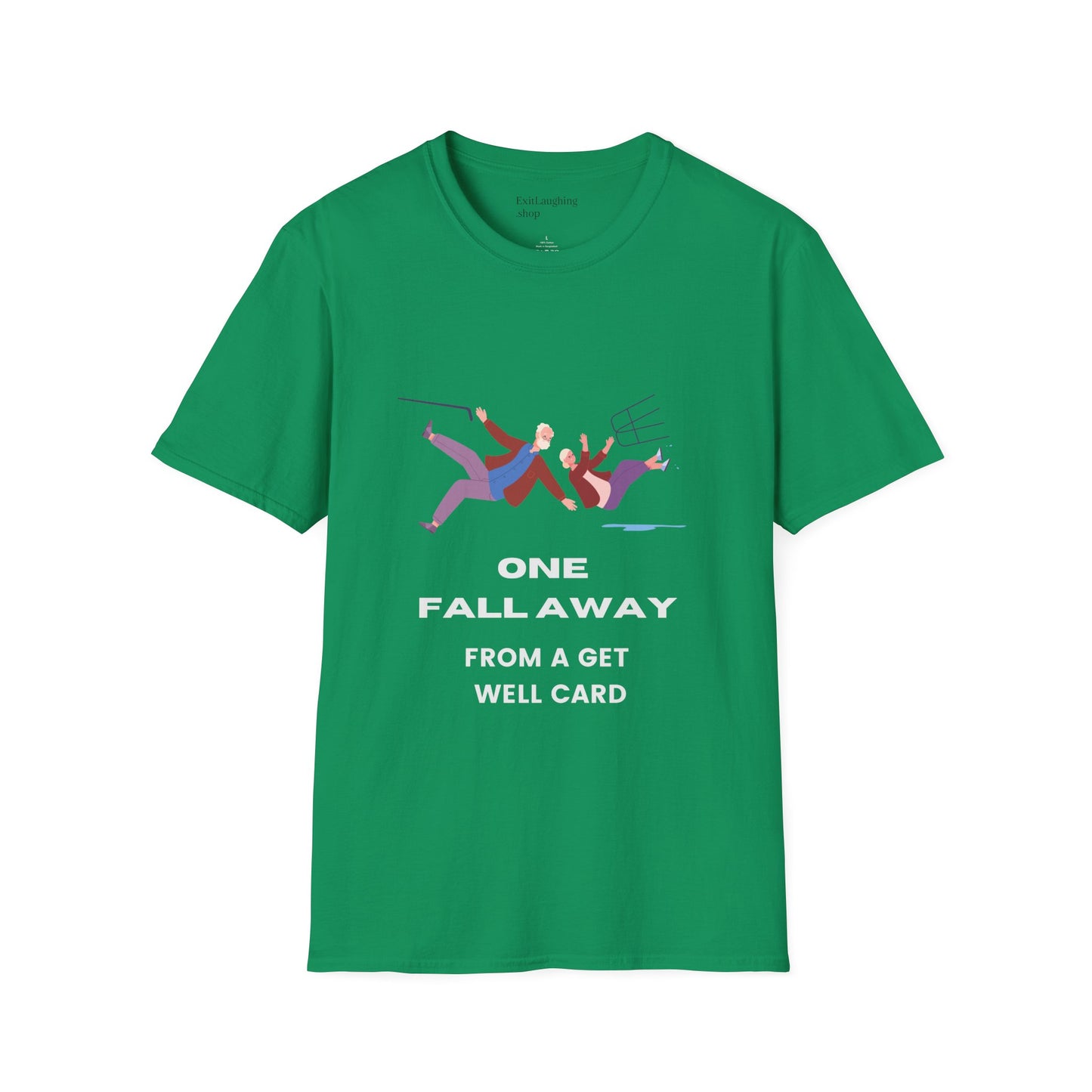Funny Senior Tee – “One Fall Away from a Get Well Soon Card” – Sarcastic Senior Merch, Dark Humor Shirt & Funny Aging T-Shirt, Perfect Retirement Gift