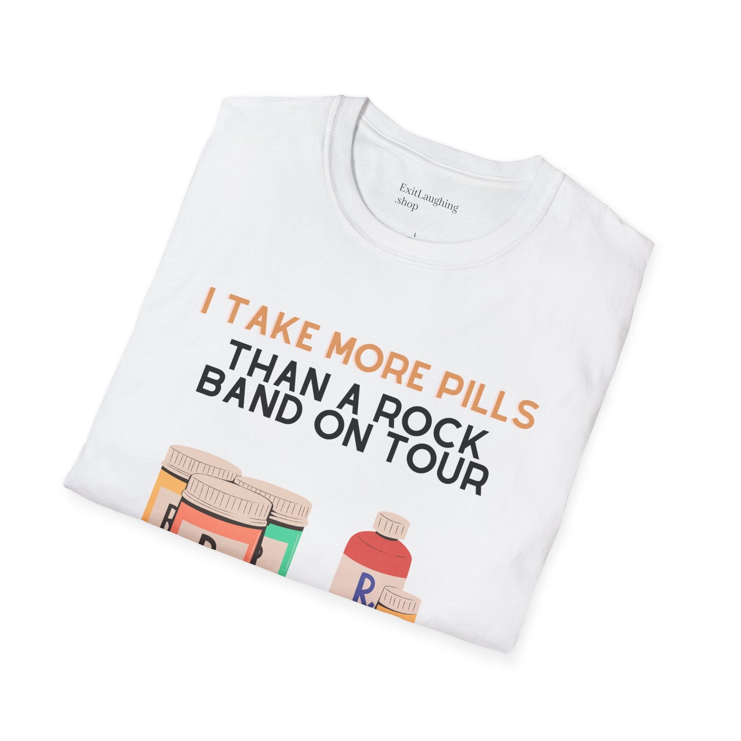 Funny Senior Tee – “I Take More Pills Than a Rock Band on Tour” – Sarcastic Senior Merch, Dark Humor Shirt & Funny Aging T-Shirt, Perfect Retirement Gift