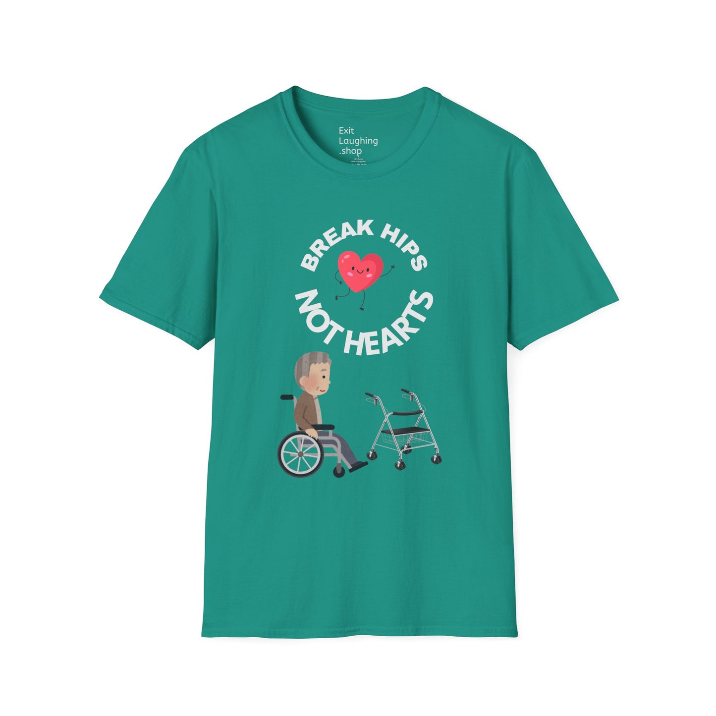 Funny Senior Tee – “Break Hips, Not Hearts” – Sarcastic Senior Merch, Dark Humor Shirt & Funny Aging T-Shirt, Perfect Retirement Gift for Seniors and Aging Romantics