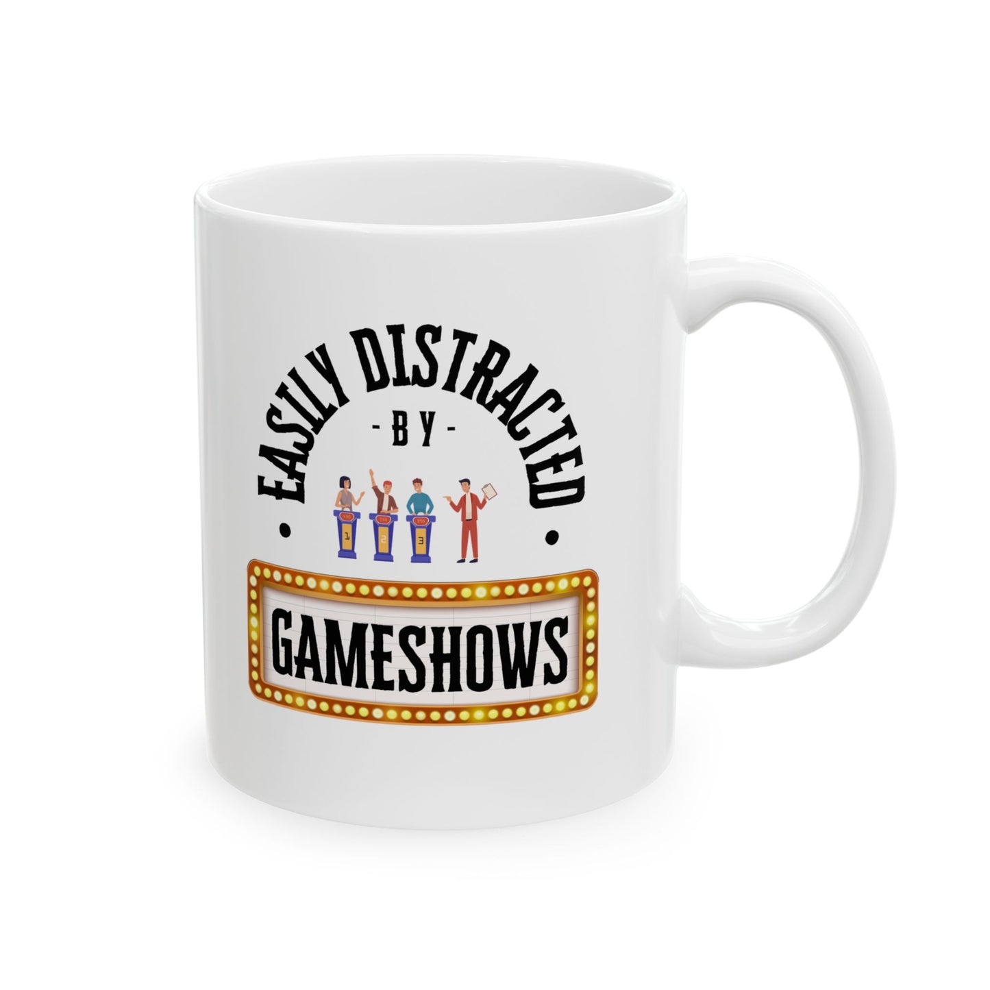 Funny Senior Coffee Mug ‘Easily Distracted By Gameshows’ – Sarcastic Senior Merch, Dark Humor Coffee Cup, Perfect Retirement Gift for Seniors, Grandparents, and Aging Legends