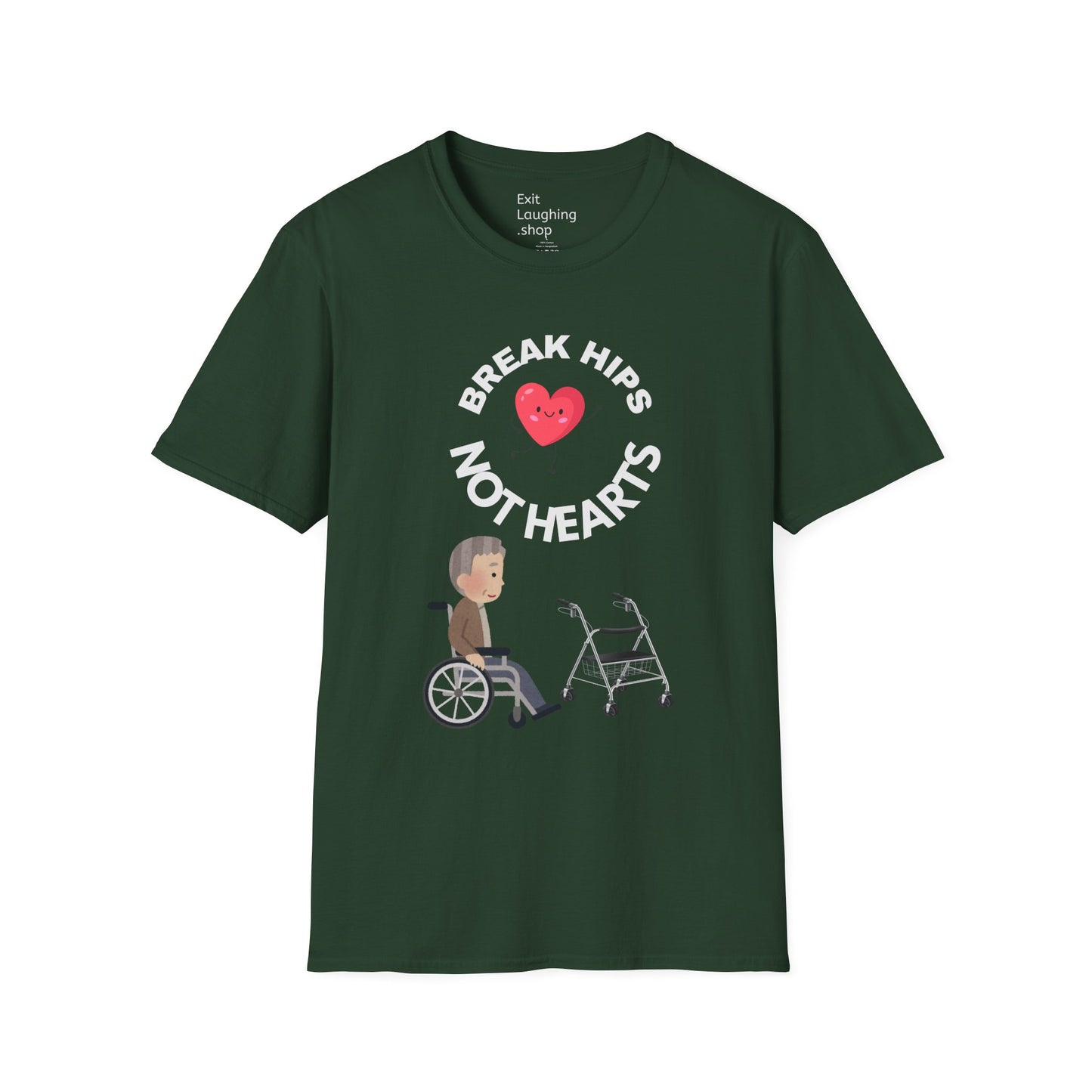 Funny Senior Tee – “Break Hips, Not Hearts” – Sarcastic Senior Merch, Dark Humor Shirt & Funny Aging T-Shirt, Perfect Retirement Gift for Seniors and Aging Romantics