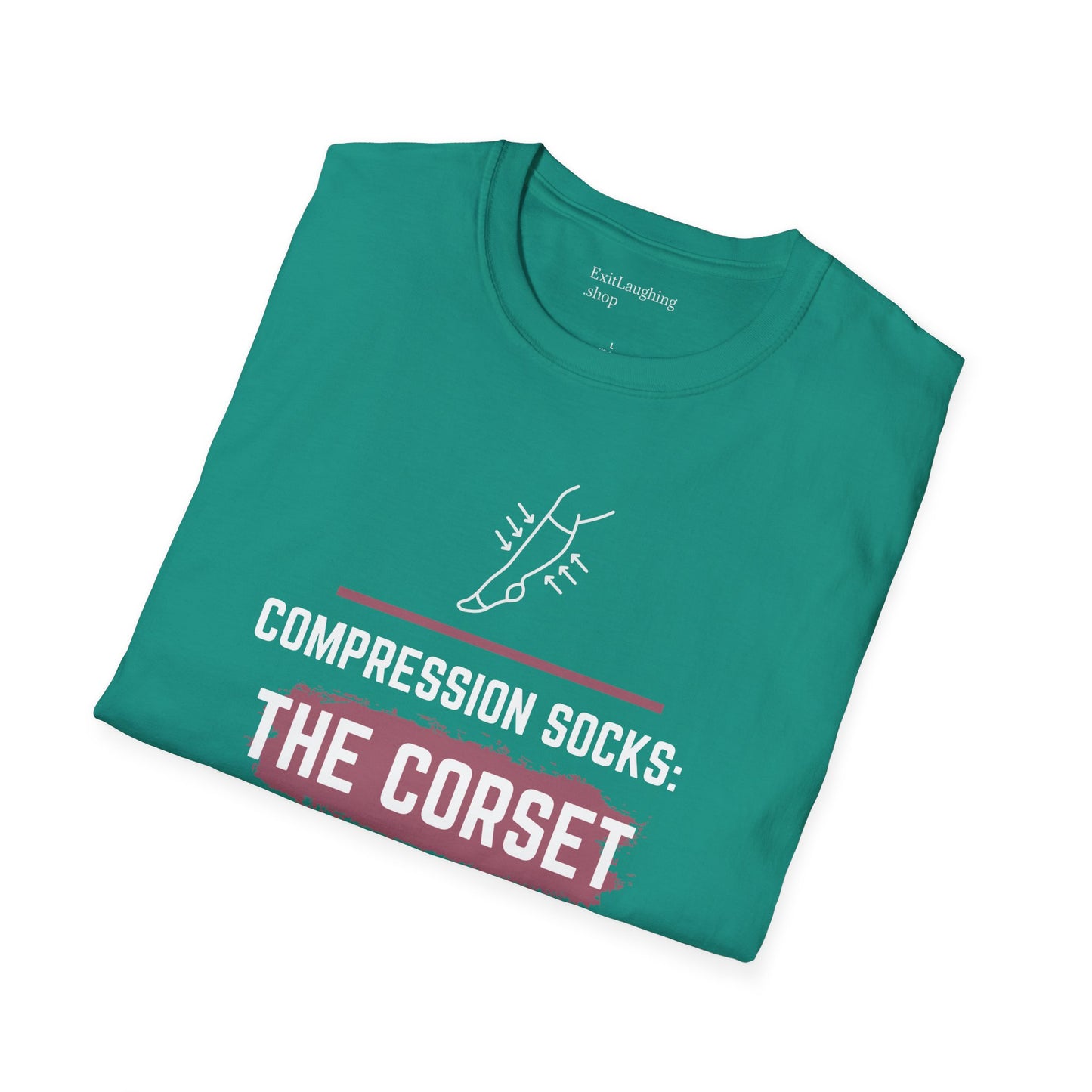 Funny Senior Tee – “Compression Socks: The Corset to My Sadness” – Sarcastic Senior Merch, Dark Humor Shirt for Aging Legs, Funny Aging T-Shirt & Retirement Gift