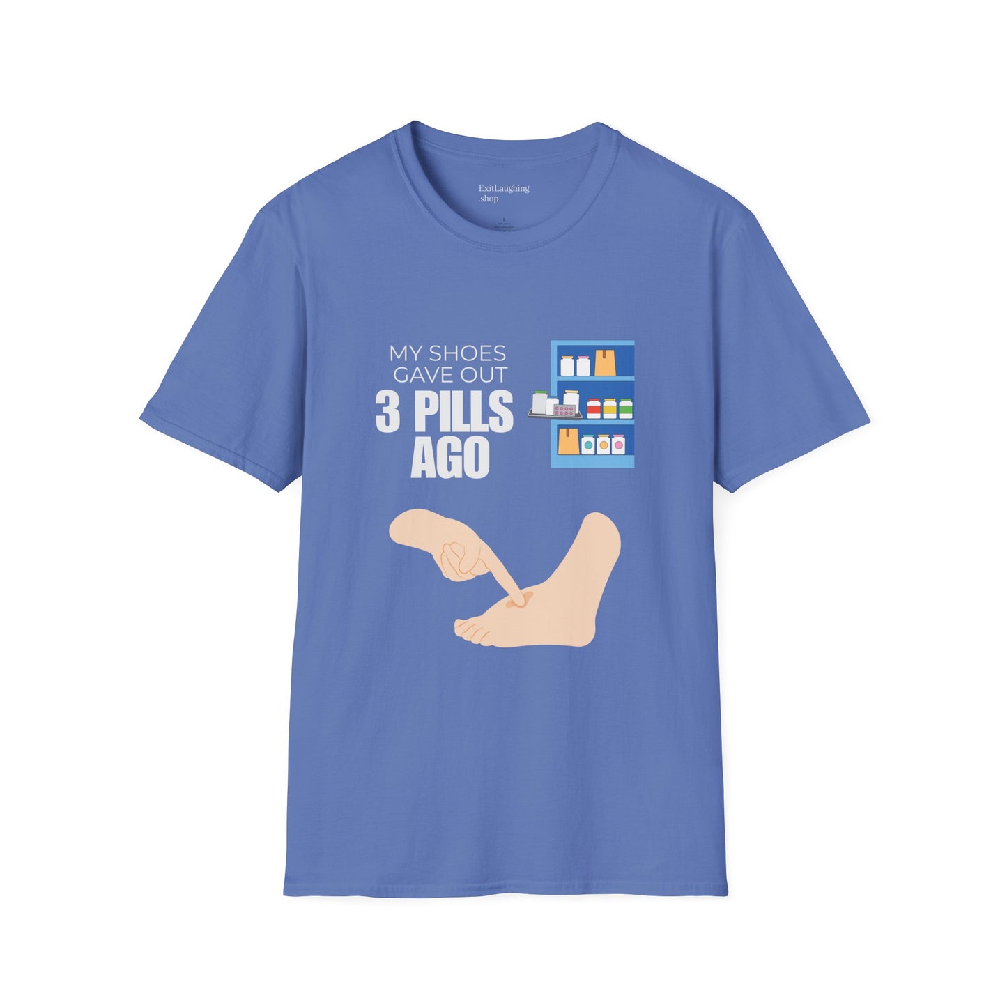 Funny Senior Tee – “My Shoes Gave Out 3 Pills Ago” – Sarcastic Retirement Gift for Seniors, Dark Humor Shirt for Aging Bodies, Swollen Feet & Pill Humor Legends