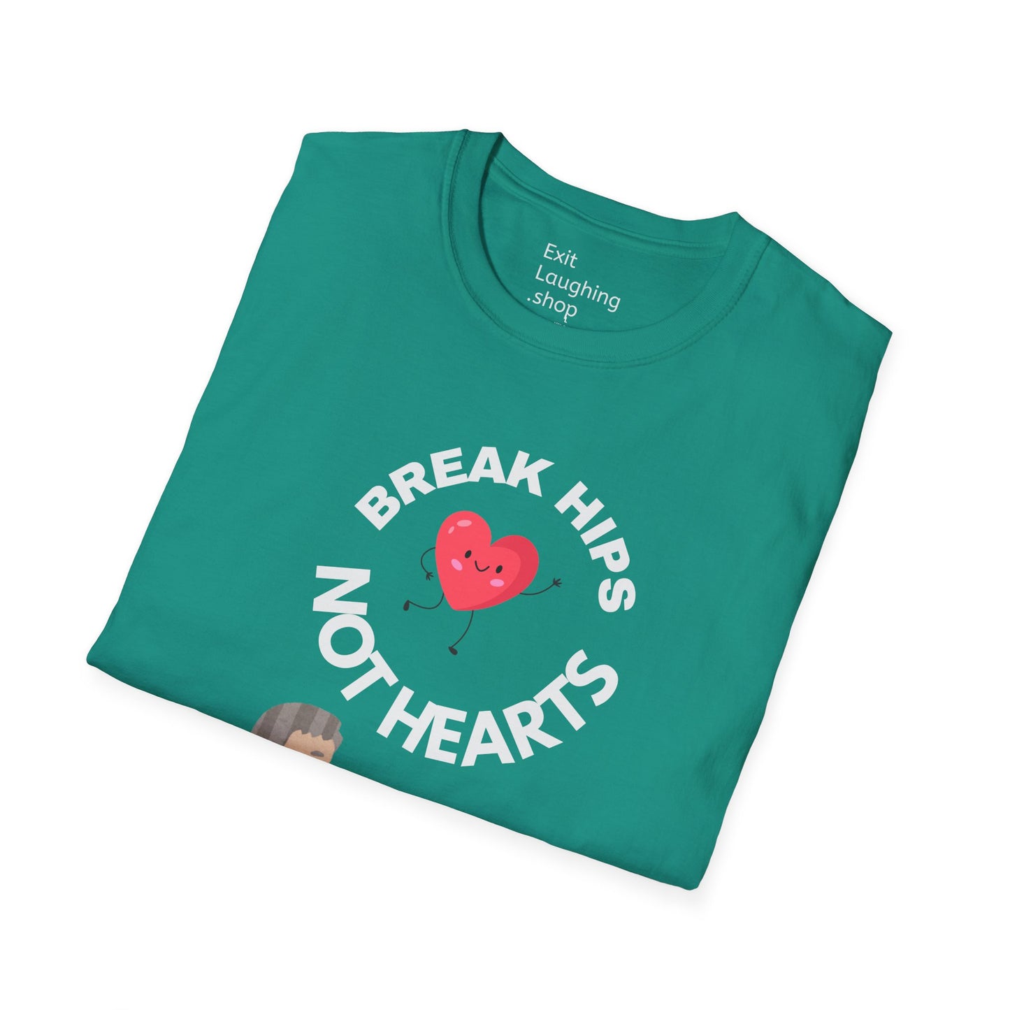 Funny Senior Tee – “Break Hips, Not Hearts” – Sarcastic Senior Merch, Dark Humor Shirt & Funny Aging T-Shirt, Perfect Retirement Gift for Seniors and Aging Romantics