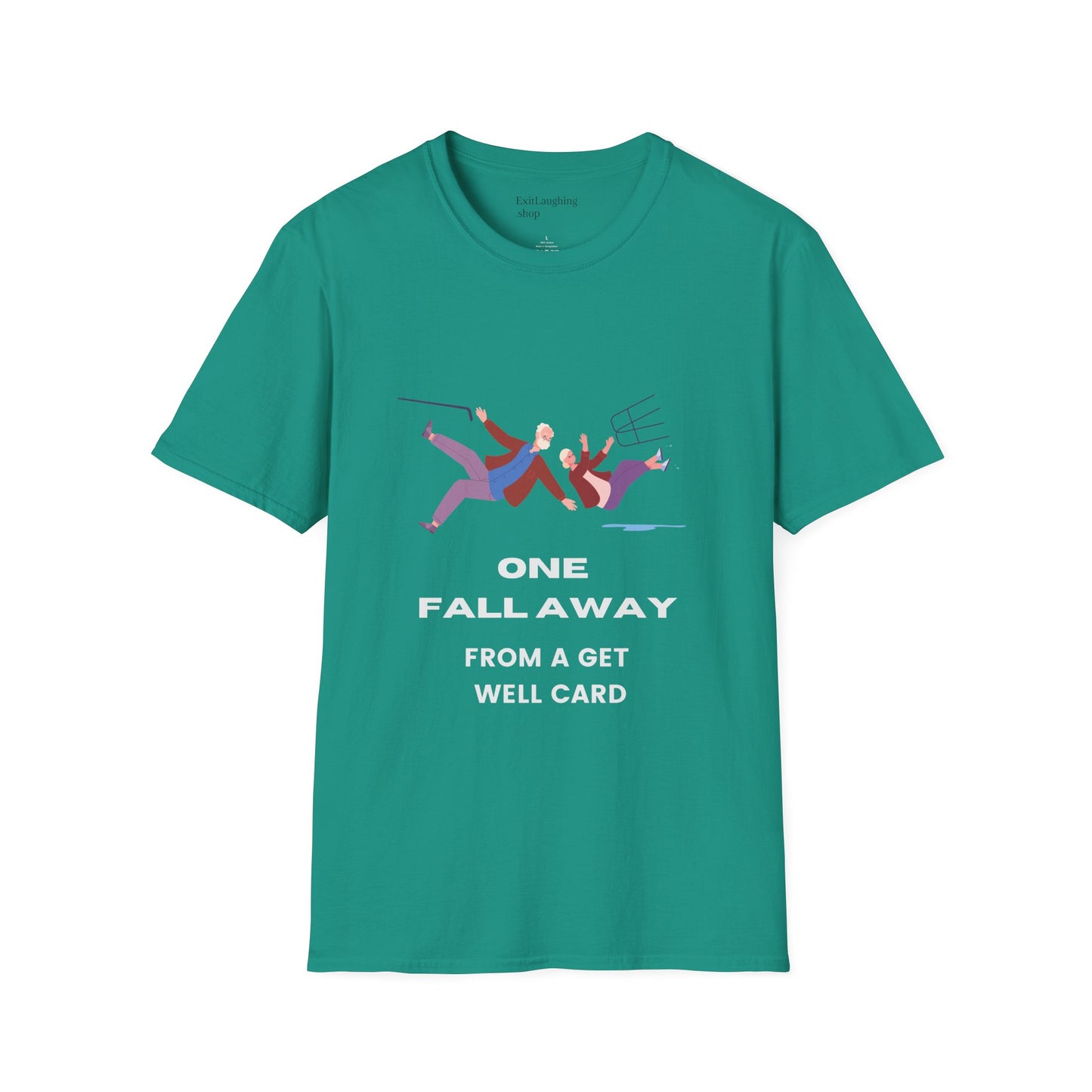 Funny Senior Tee – “One Fall Away from a Get Well Soon Card” – Sarcastic Senior Merch, Dark Humor Shirt & Funny Aging T-Shirt, Perfect Retirement Gift