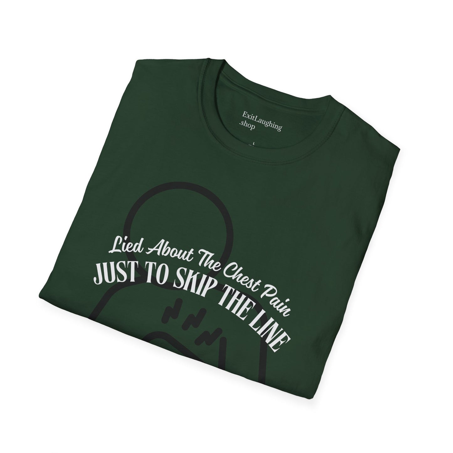 Funny Senior Tee – “I Lied About Chest Pain Just to Skip the Line” – Sarcastic Senior Merch, Dark Humor Shirt & Funny Aging T-Shirt, Perfect Retirement Gift for Seniors