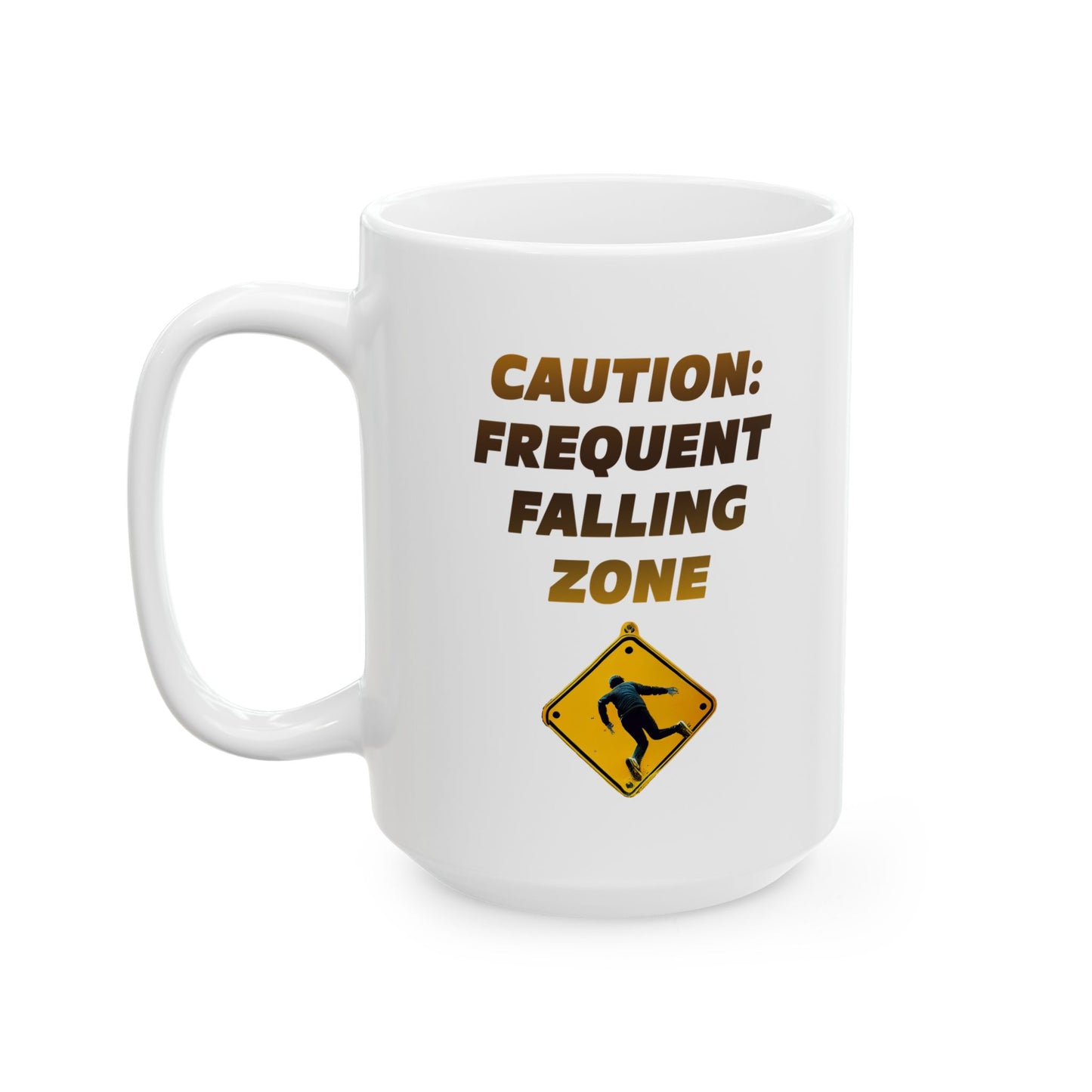 Funny Senior Coffee Mug ‘Caution: Frequent Falling Zone’ – Sarcastic Senior Merch, Dark Humor Coffee Cup, Perfect Retirement Gift for Seniors, Grandparents, and Aging Legends