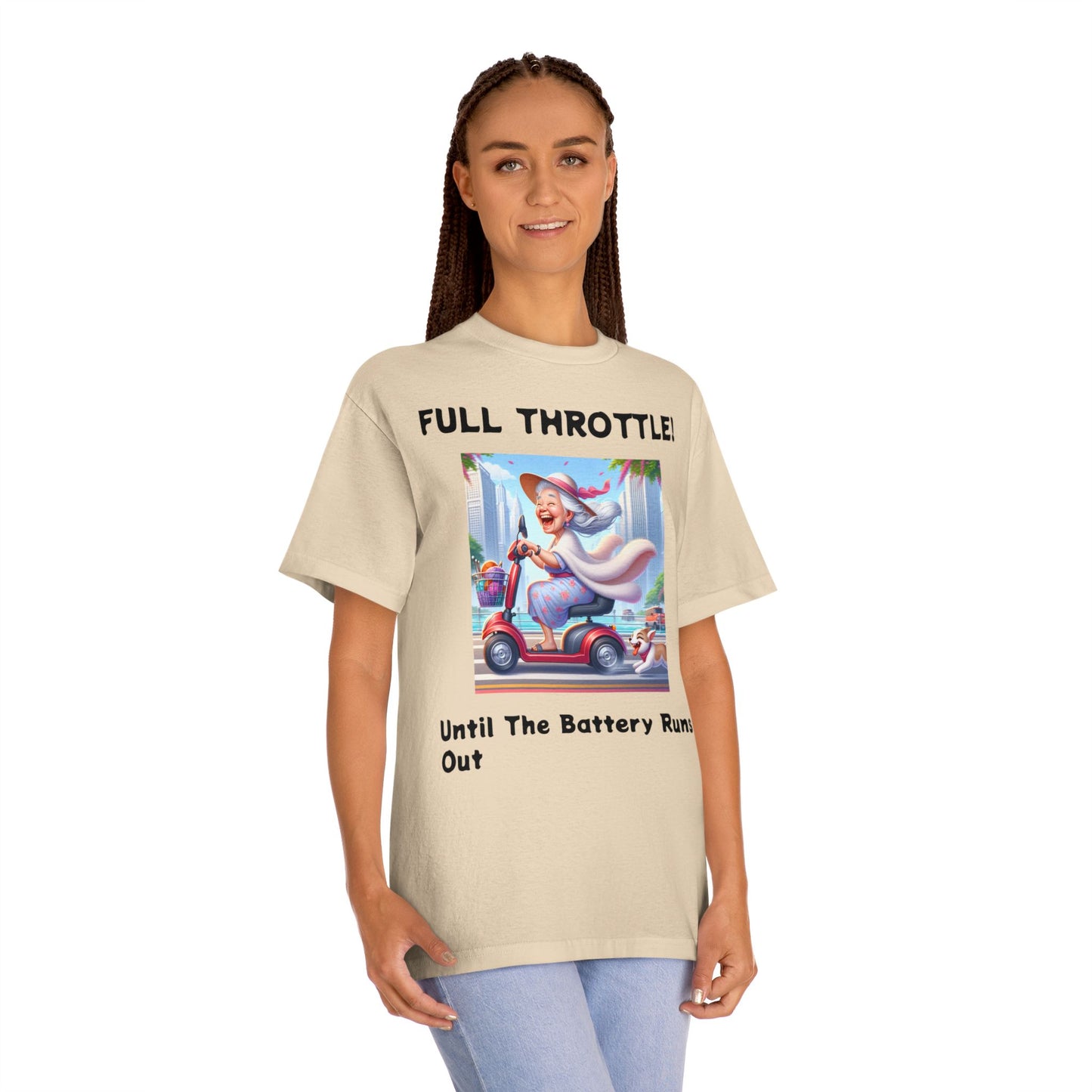 Funny Senior Tee – “Full Throttle! Until the Battery Dies” – Sarcastic Senior Merch, Dark Humor Shirt & Funny Aging T-Shirt, Perfect Retirement Gift