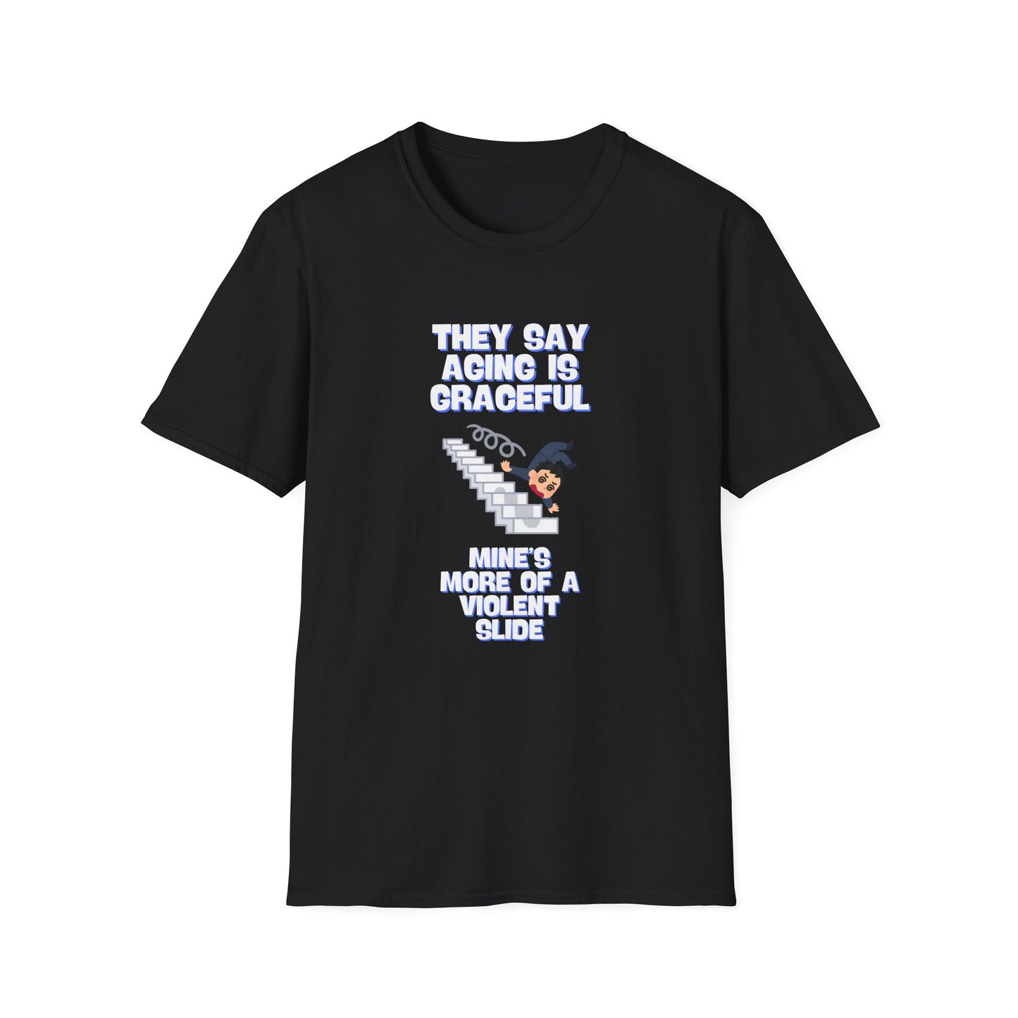 Funny Senior Tee – “They Say Aging Is Graceful, Mine’s More of a Violent Slide” – Sarcastic Senior Merch, Dark Humor Shirt & Funny Aging T-Shirt, Perfect Retirement Gift