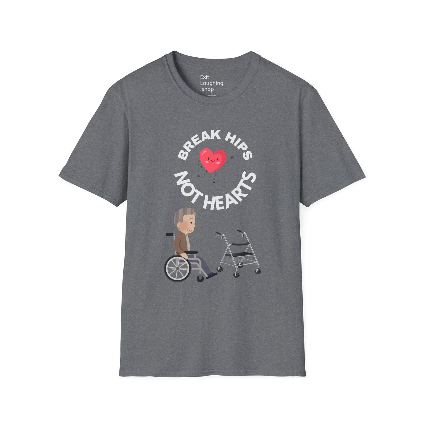 Funny Senior Tee – “Break Hips, Not Hearts” – Sarcastic Senior Merch, Dark Humor Shirt & Funny Aging T-Shirt, Perfect Retirement Gift for Seniors and Aging Romantics