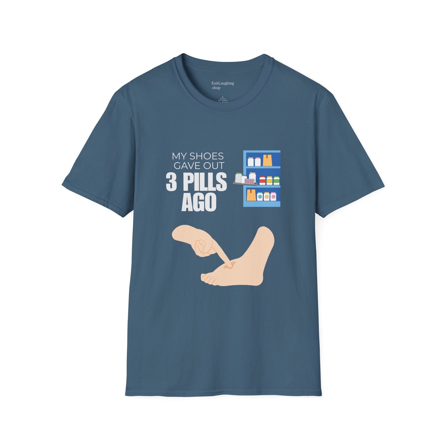 Funny Senior Tee – “My Shoes Gave Out 3 Pills Ago” – Sarcastic Retirement Gift for Seniors, Dark Humor Shirt for Aging Bodies, Swollen Feet & Pill Humor Legends