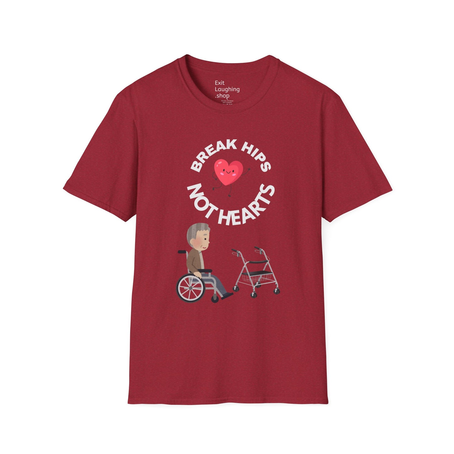 Funny Senior Tee – “Break Hips, Not Hearts” – Sarcastic Senior Merch, Dark Humor Shirt & Funny Aging T-Shirt, Perfect Retirement Gift for Seniors and Aging Romantics