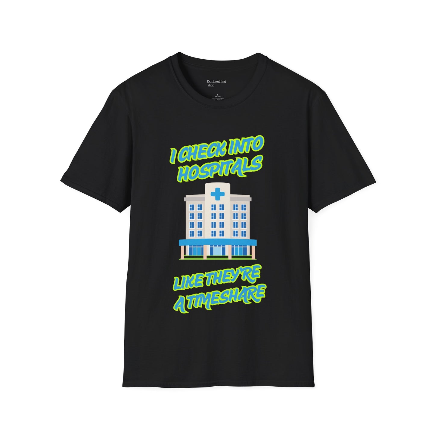Funny Senior Tee – “I Check Into Hospitals Like They’re a Timeshare” – Sarcastic Senior Merch, Dark Humor Shirt & Funny Aging T-Shirt, Perfect Retirement Gift