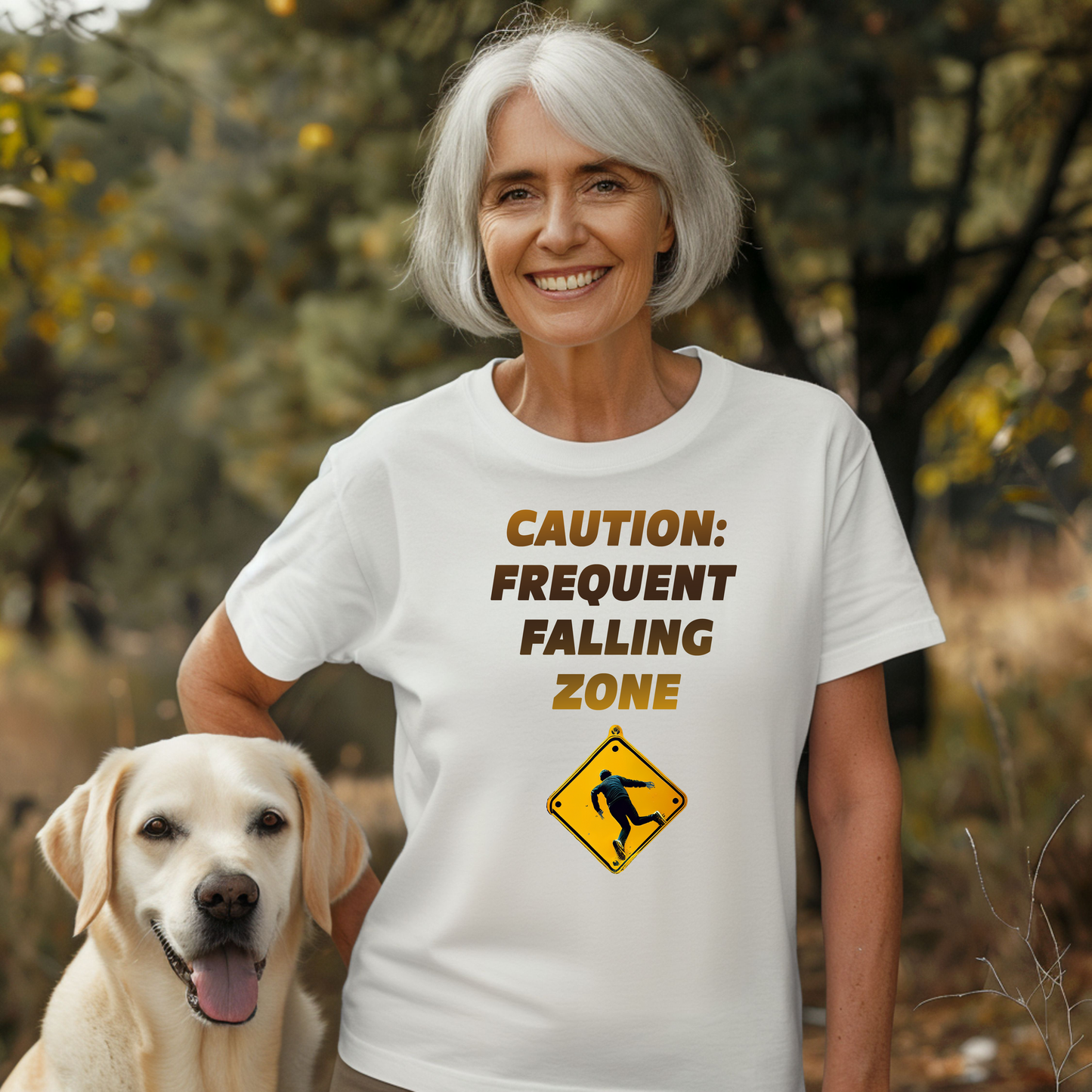 Funny Senior Tee – “Caution: Frequent Falling Zone” – Sarcastic Senior Merch, Dark Humor Shirt & Funny Aging T-Shirt, Perfect Retirement Gift for Seniors Who Trip Over Air