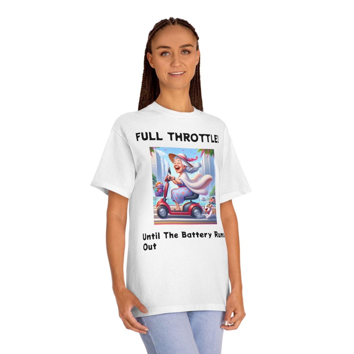 Funny Senior Tee – “Full Throttle! Until the Battery Dies” – Sarcastic Senior Merch, Dark Humor Shirt & Funny Aging T-Shirt, Perfect Retirement Gift