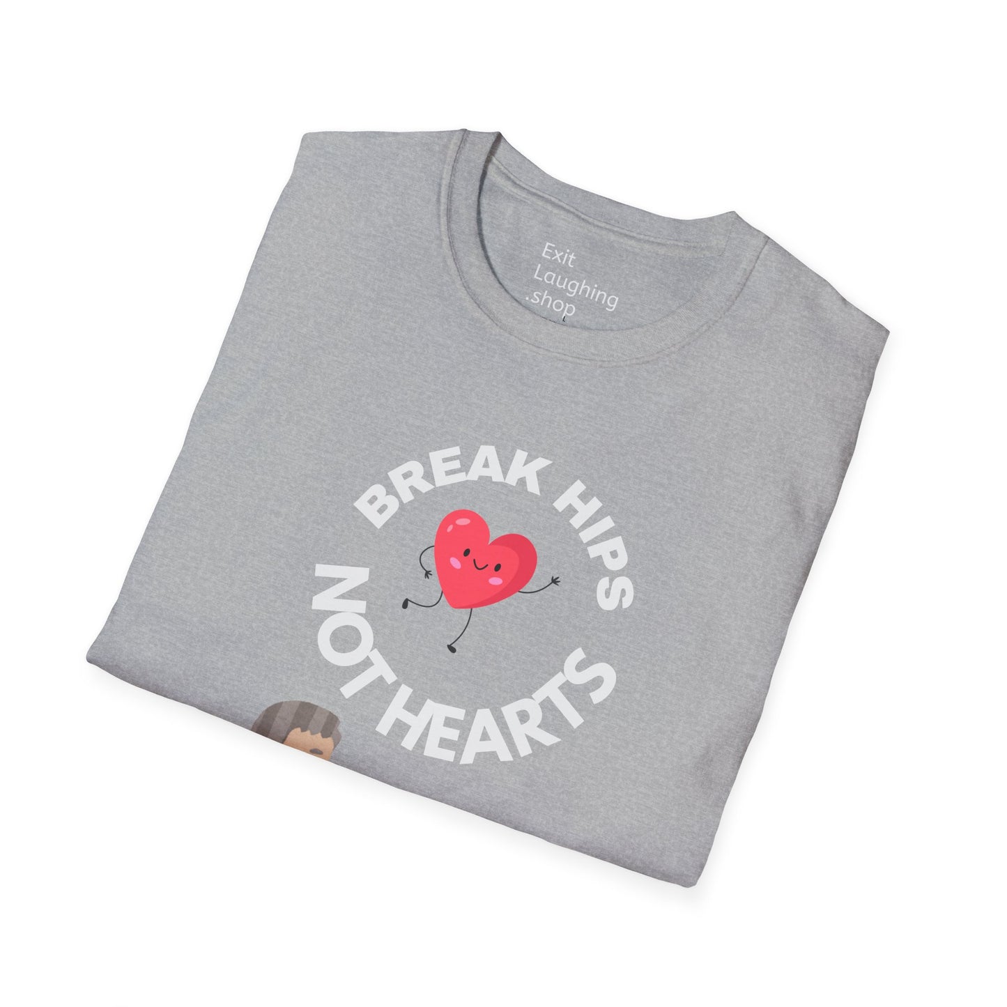 Funny Senior Tee – “Break Hips, Not Hearts” – Sarcastic Senior Merch, Dark Humor Shirt & Funny Aging T-Shirt, Perfect Retirement Gift for Seniors and Aging Romantics