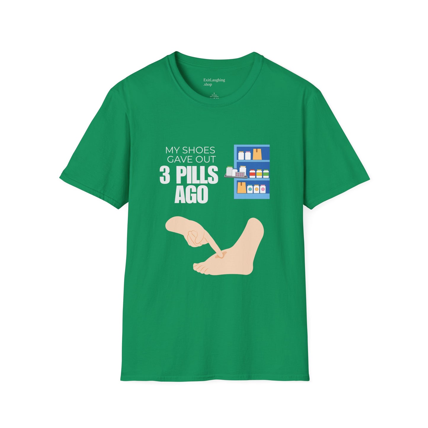 Funny Senior Tee – “My Shoes Gave Out 3 Pills Ago” – Sarcastic Retirement Gift for Seniors, Dark Humor Shirt for Aging Bodies, Swollen Feet & Pill Humor Legends
