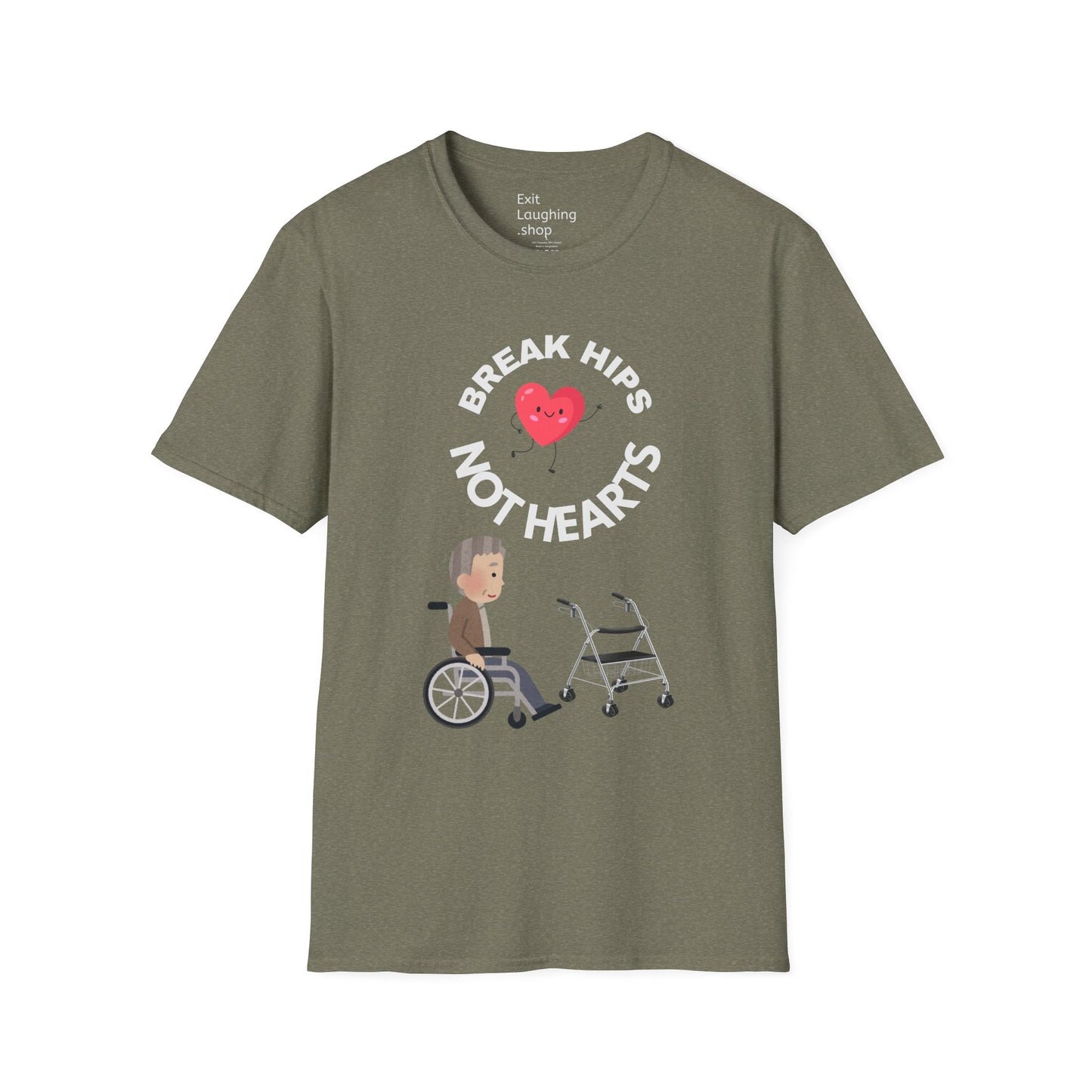 Funny Senior Tee – “Break Hips, Not Hearts” – Sarcastic Senior Merch, Dark Humor Shirt & Funny Aging T-Shirt, Perfect Retirement Gift for Seniors and Aging Romantics