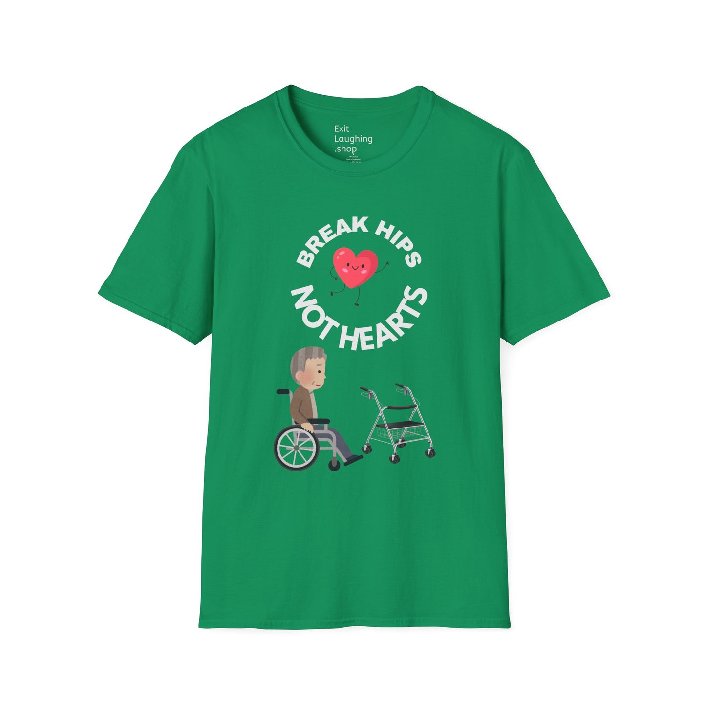 Funny Senior Tee – “Break Hips, Not Hearts” – Sarcastic Senior Merch, Dark Humor Shirt & Funny Aging T-Shirt, Perfect Retirement Gift for Seniors and Aging Romantics