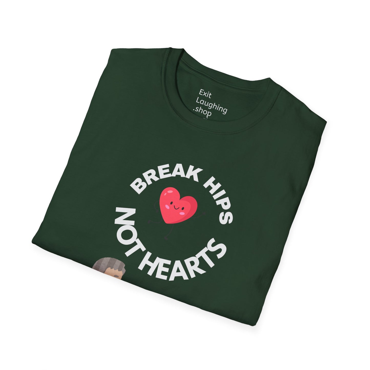 Funny Senior Tee – “Break Hips, Not Hearts” – Sarcastic Senior Merch, Dark Humor Shirt & Funny Aging T-Shirt, Perfect Retirement Gift for Seniors and Aging Romantics
