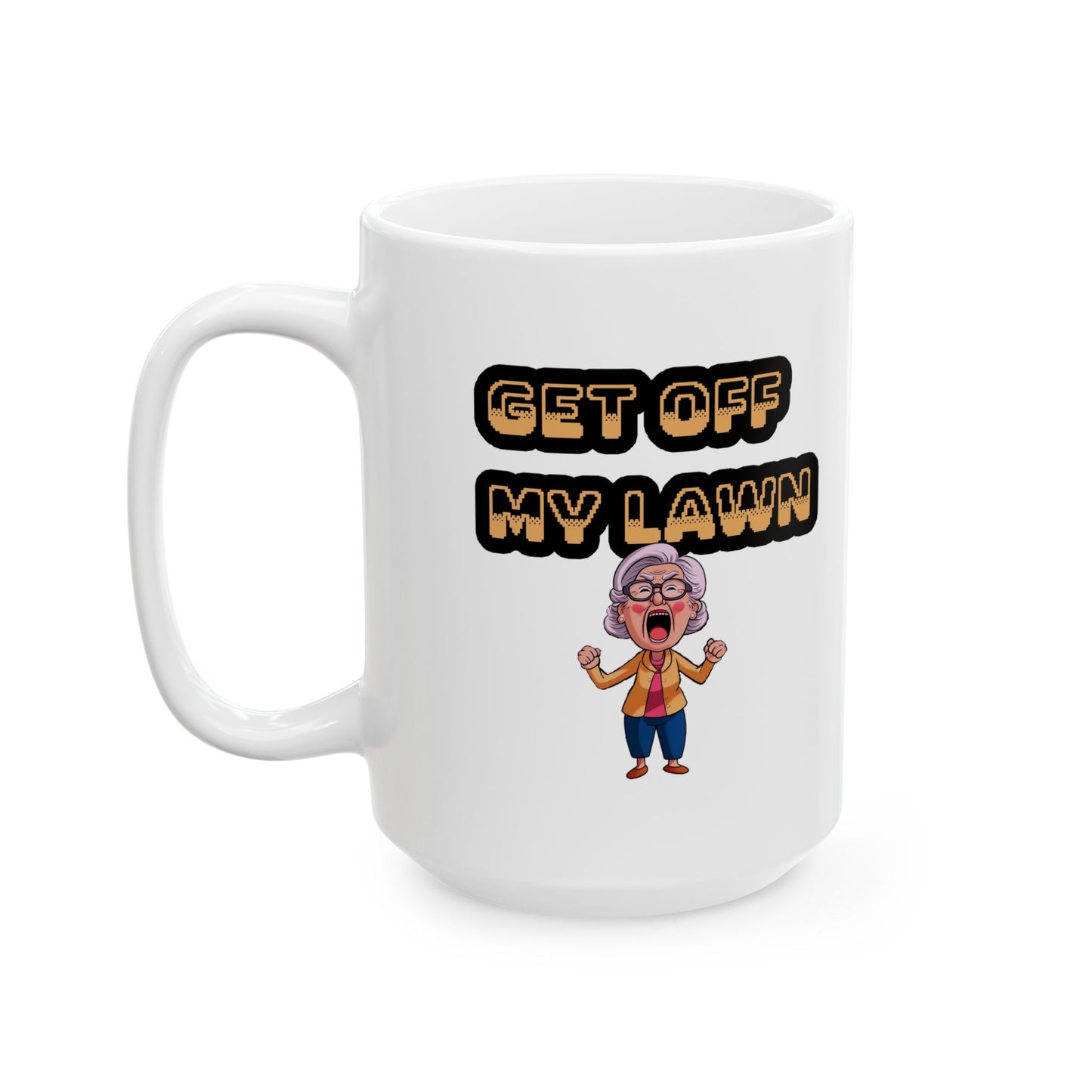 Funny Senior Coffee Mug ‘Get Off My Lawn’ – Sarcastic Senior Merch, Dark Humor Coffee Cup, Perfect Retirement Gift for Seniors, Grandparents, and Aging Legends