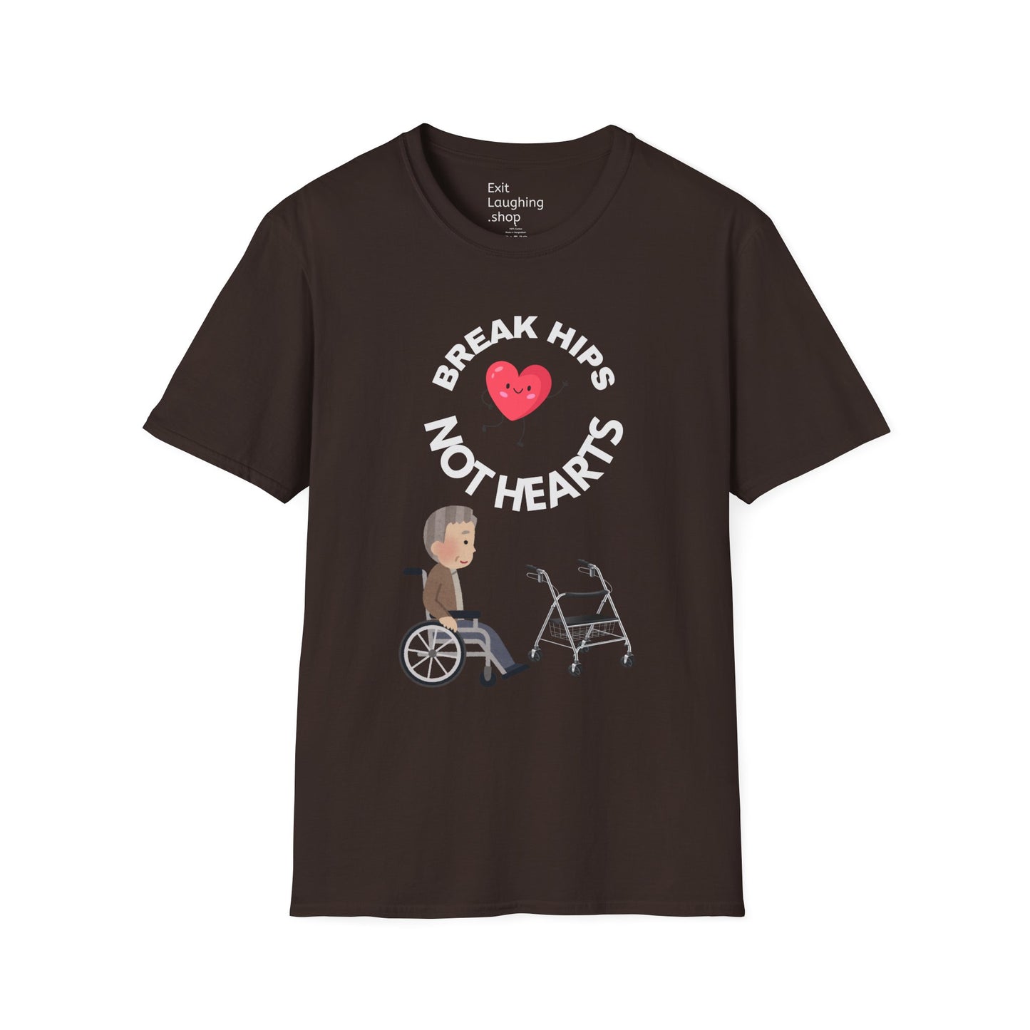 Funny Senior Tee – “Break Hips, Not Hearts” – Sarcastic Senior Merch, Dark Humor Shirt & Funny Aging T-Shirt, Perfect Retirement Gift for Seniors and Aging Romantics