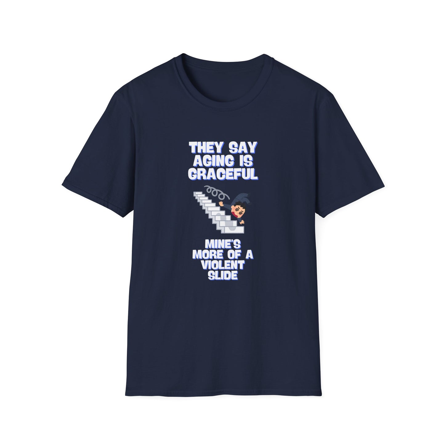 Funny Senior Tee – “They Say Aging Is Graceful, Mine’s More of a Violent Slide” – Sarcastic Senior Merch, Dark Humor Shirt & Funny Aging T-Shirt, Perfect Retirement Gift
