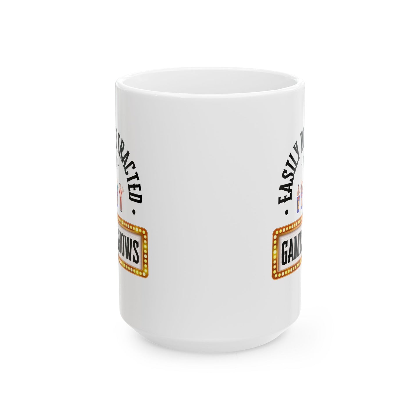 Funny Senior Coffee Mug ‘Easily Distracted By Gameshows’ – Sarcastic Senior Merch, Dark Humor Coffee Cup, Perfect Retirement Gift for Seniors, Grandparents, and Aging Legends