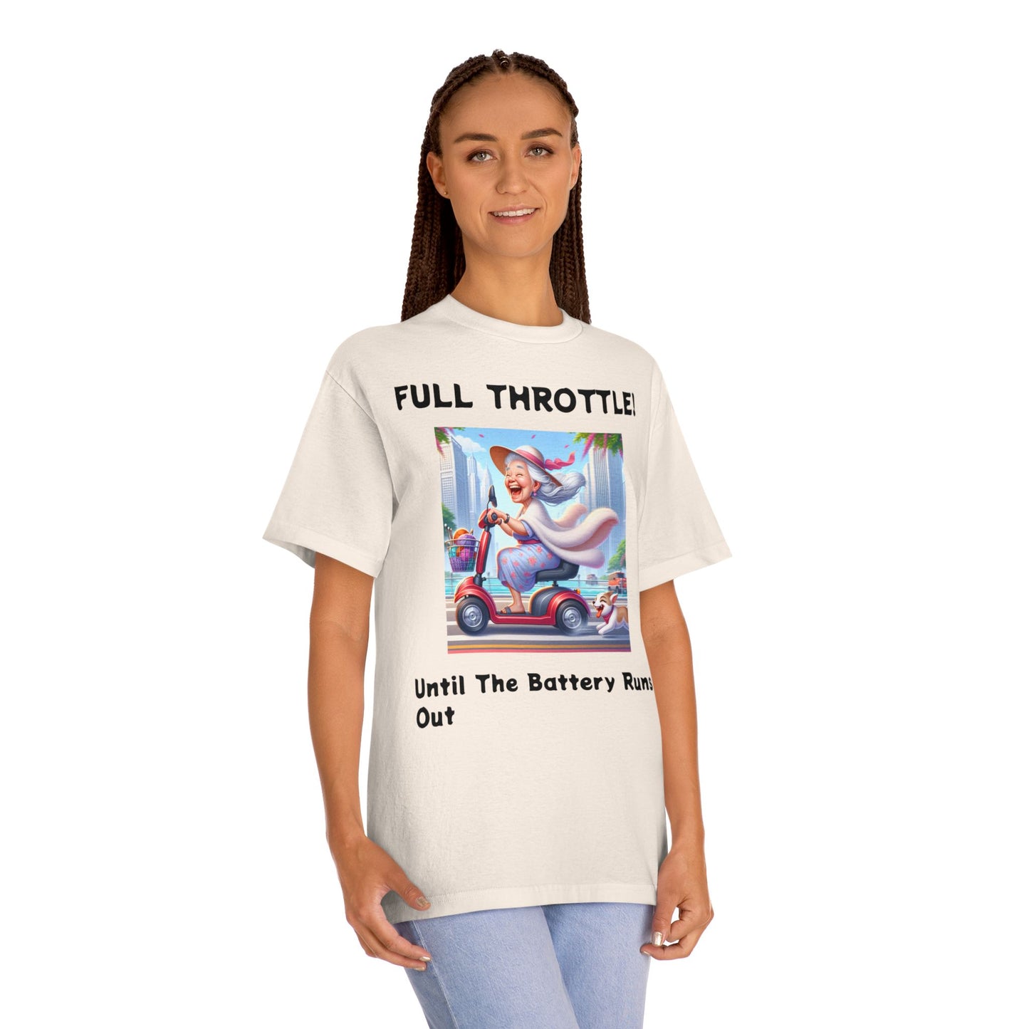 Funny Senior Tee – “Full Throttle! Until the Battery Dies” – Sarcastic Senior Merch, Dark Humor Shirt & Funny Aging T-Shirt, Perfect Retirement Gift