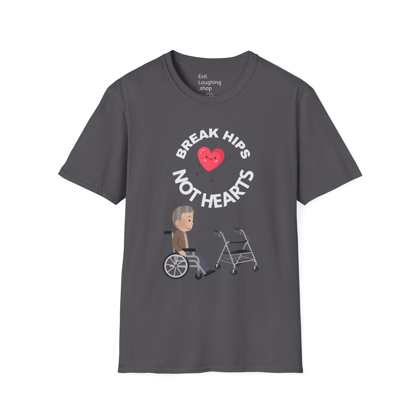 Funny Senior Tee – “Break Hips, Not Hearts” – Sarcastic Senior Merch, Dark Humor Shirt & Funny Aging T-Shirt, Perfect Retirement Gift for Seniors and Aging Romantics