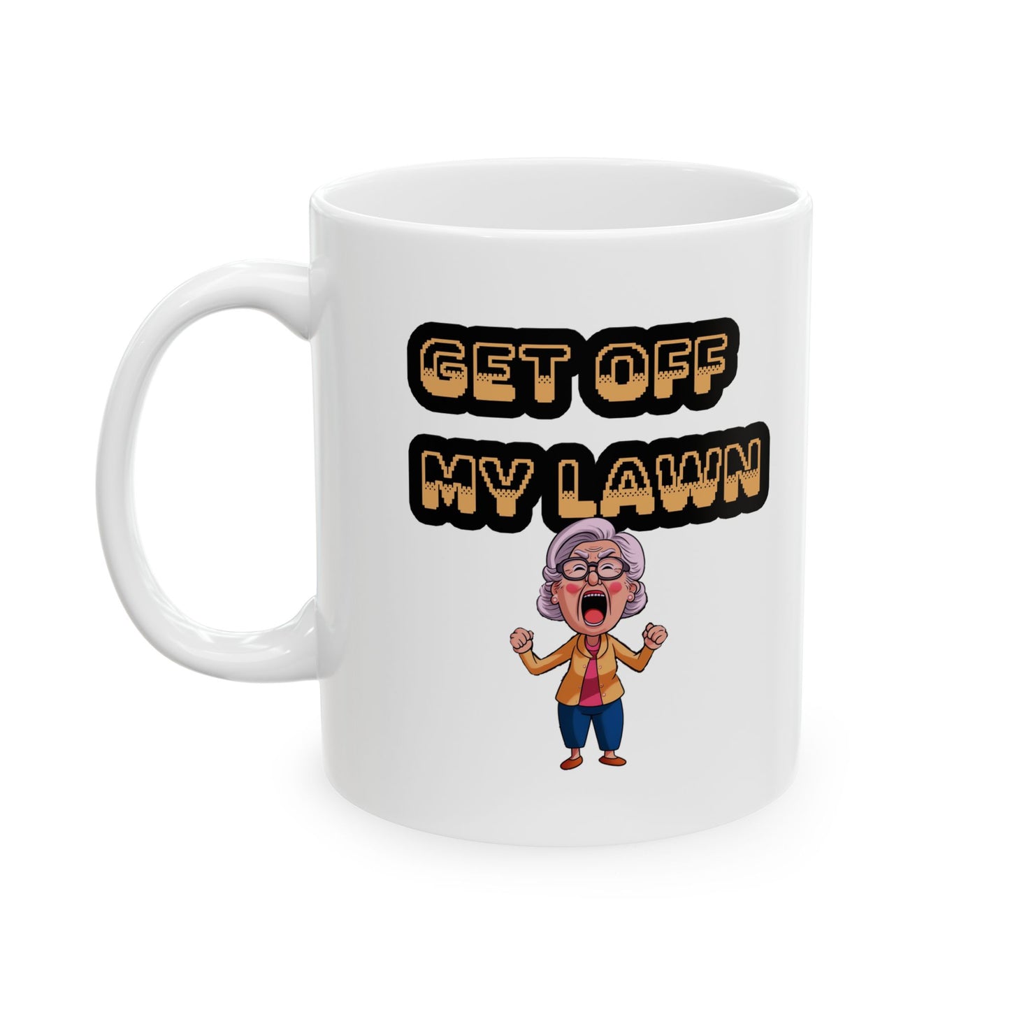 Funny Senior Coffee Mug ‘Get Off My Lawn’ – Sarcastic Senior Merch, Dark Humor Coffee Cup, Perfect Retirement Gift for Seniors, Grandparents, and Aging Legends