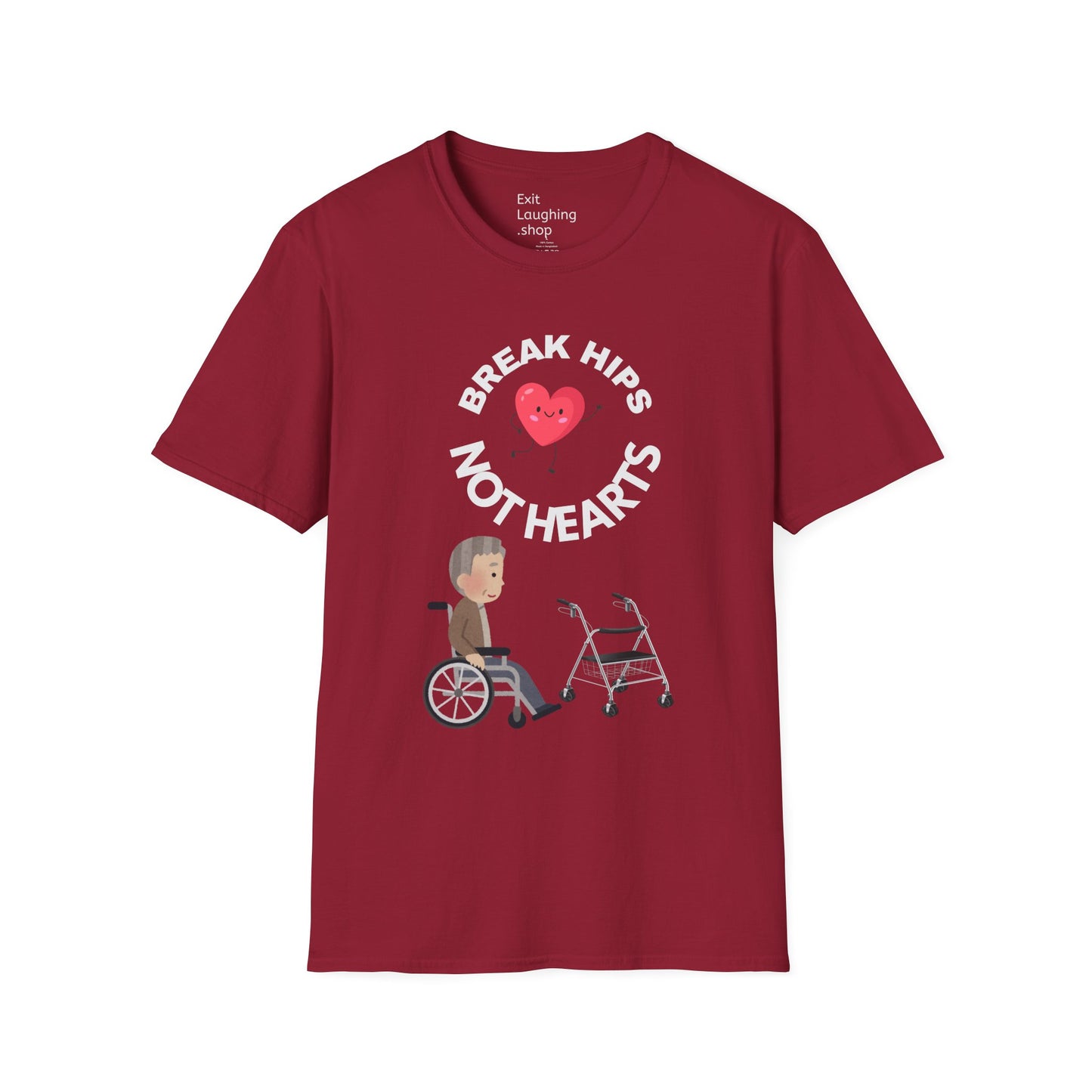 Funny Senior Tee – “Break Hips, Not Hearts” – Sarcastic Senior Merch, Dark Humor Shirt & Funny Aging T-Shirt, Perfect Retirement Gift for Seniors and Aging Romantics