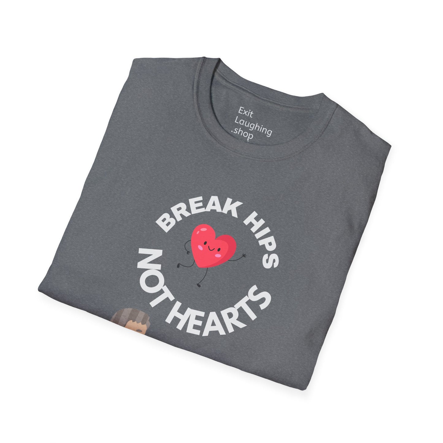 Funny Senior Tee – “Break Hips, Not Hearts” – Sarcastic Senior Merch, Dark Humor Shirt & Funny Aging T-Shirt, Perfect Retirement Gift for Seniors and Aging Romantics