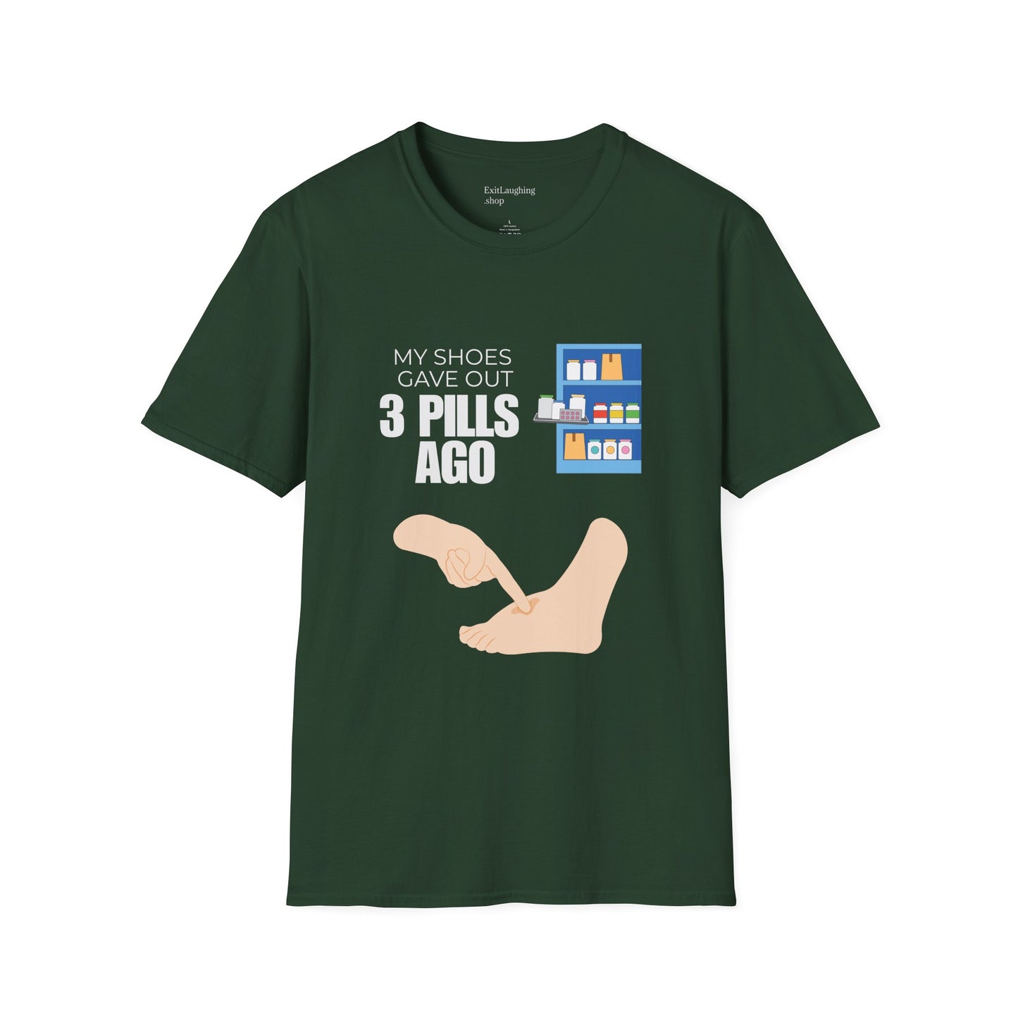 Funny Senior Tee – “My Shoes Gave Out 3 Pills Ago” – Sarcastic Retirement Gift for Seniors, Dark Humor Shirt for Aging Bodies, Swollen Feet & Pill Humor Legends