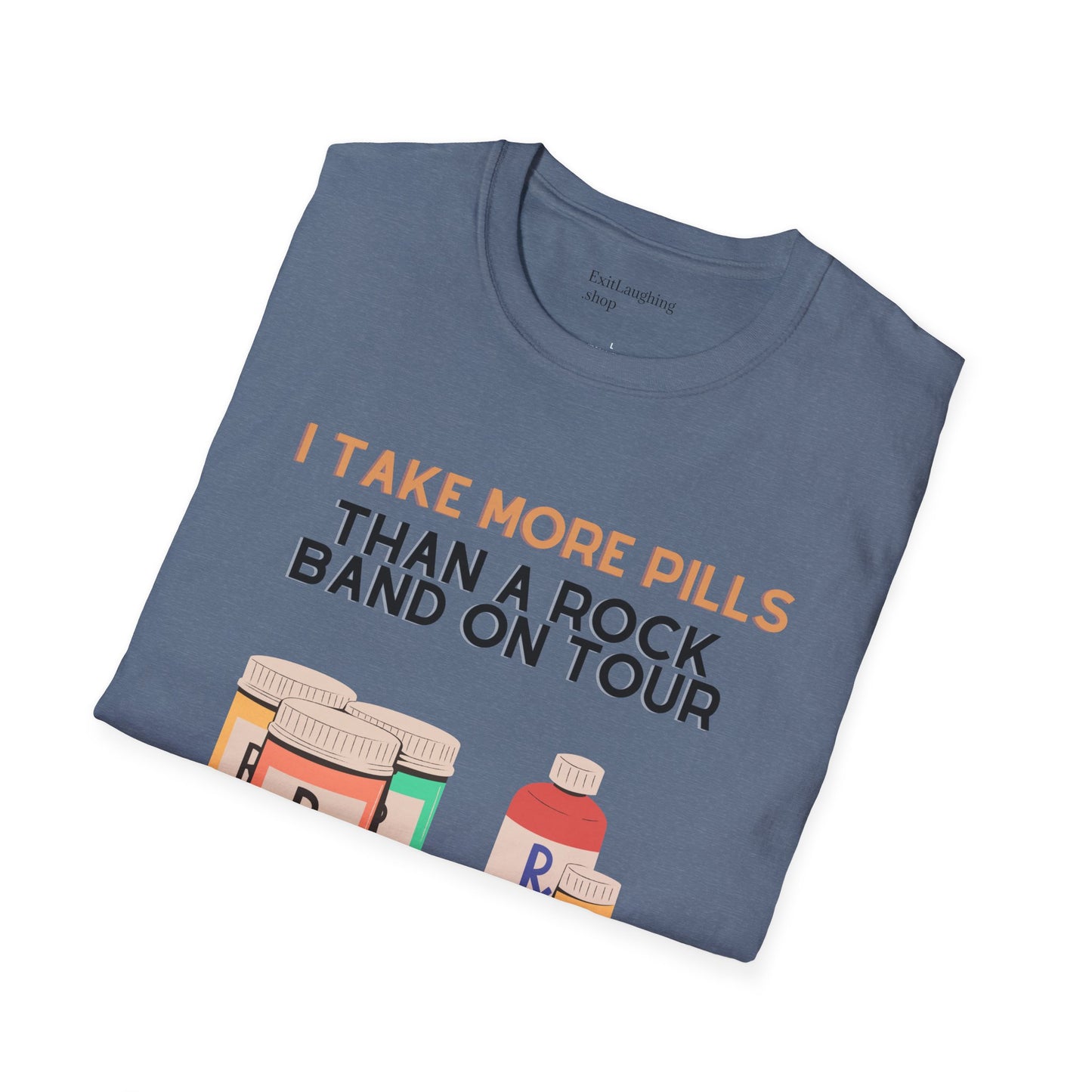 Funny Senior Tee – “I Take More Pills Than a Rock Band on Tour” – Sarcastic Senior Merch, Dark Humor Shirt & Funny Aging T-Shirt, Perfect Retirement Gift