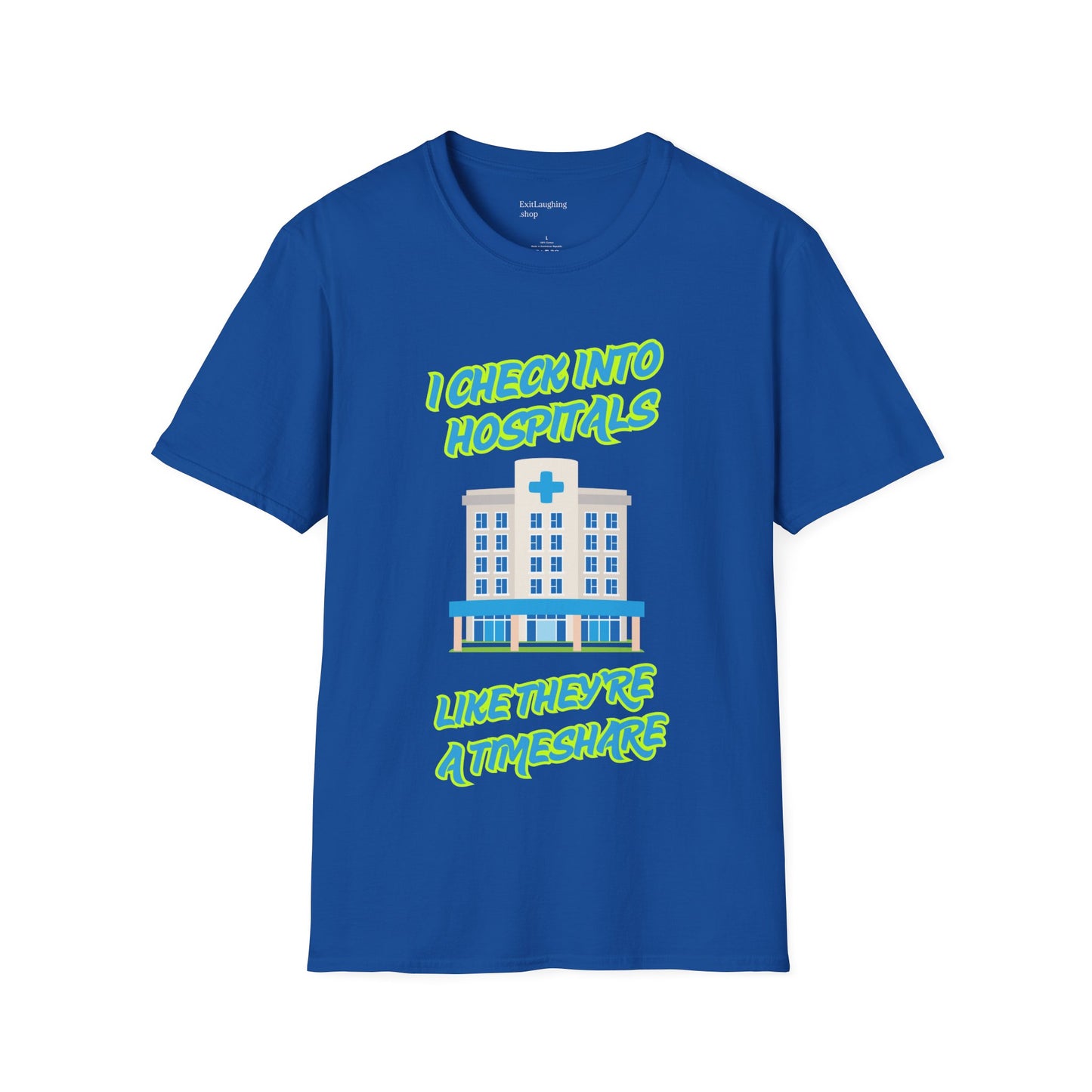 Funny Senior Tee – “I Check Into Hospitals Like They’re a Timeshare” – Sarcastic Senior Merch, Dark Humor Shirt & Funny Aging T-Shirt, Perfect Retirement Gift
