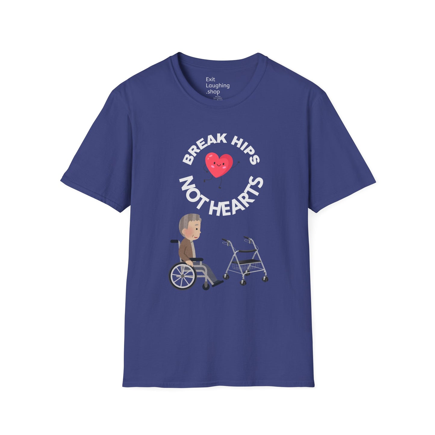 Funny Senior Tee – “Break Hips, Not Hearts” – Sarcastic Senior Merch, Dark Humor Shirt & Funny Aging T-Shirt, Perfect Retirement Gift for Seniors and Aging Romantics